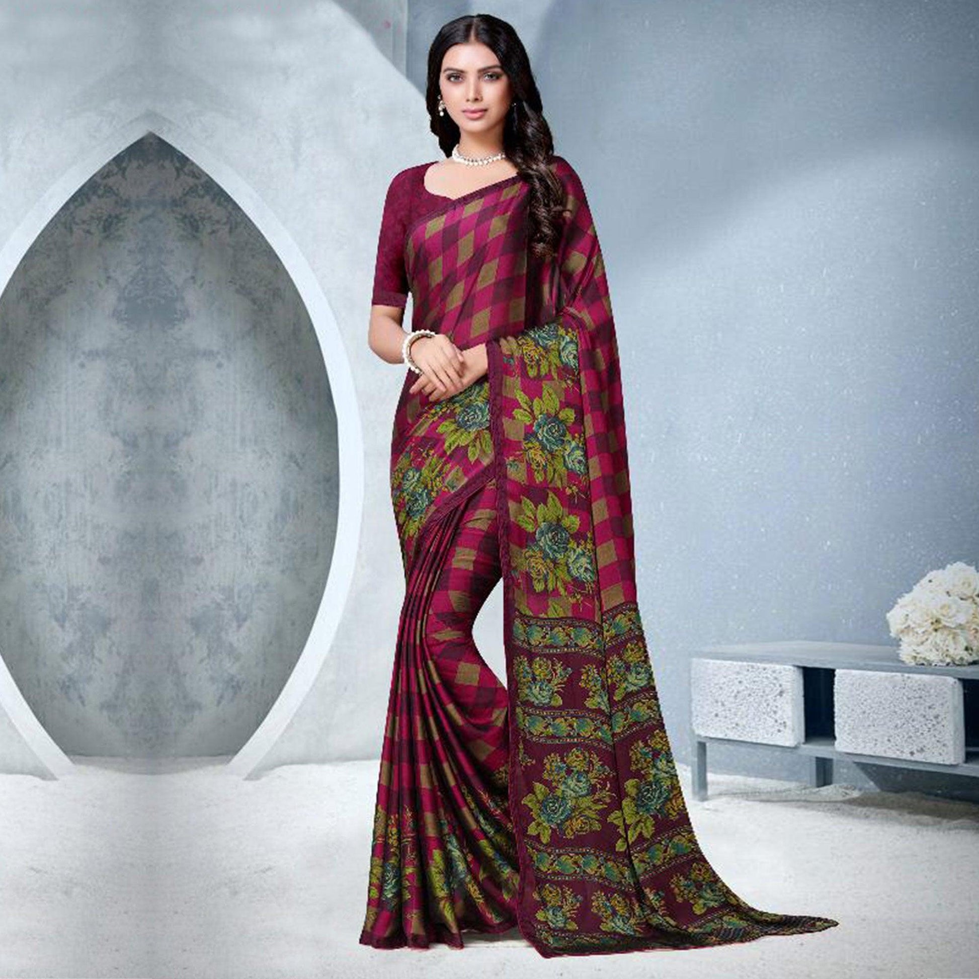Exclusive Pink Colored Partywear Checkered Printed Chiffon Saree