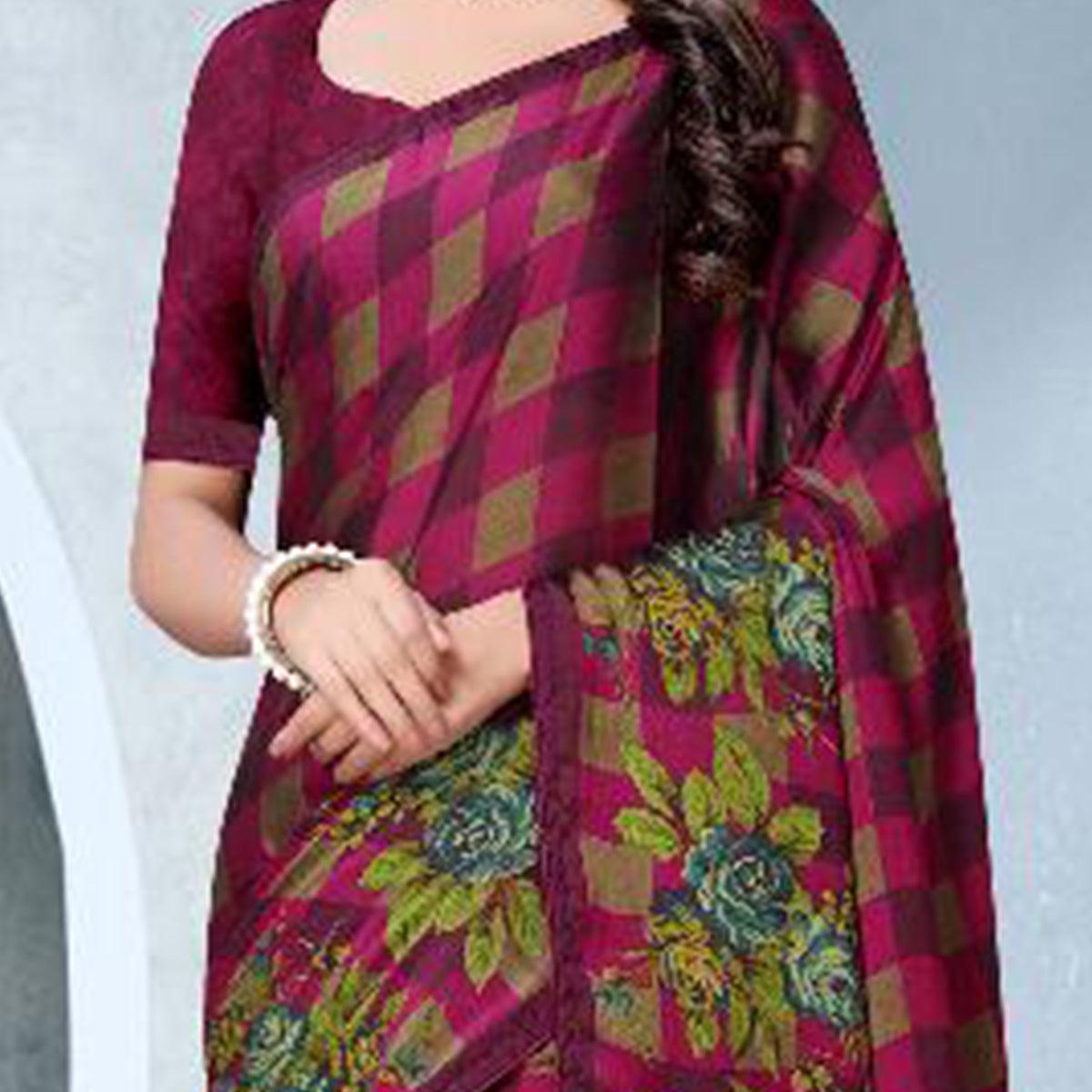 Exclusive Pink Colored Partywear Checkered Printed Chiffon Saree