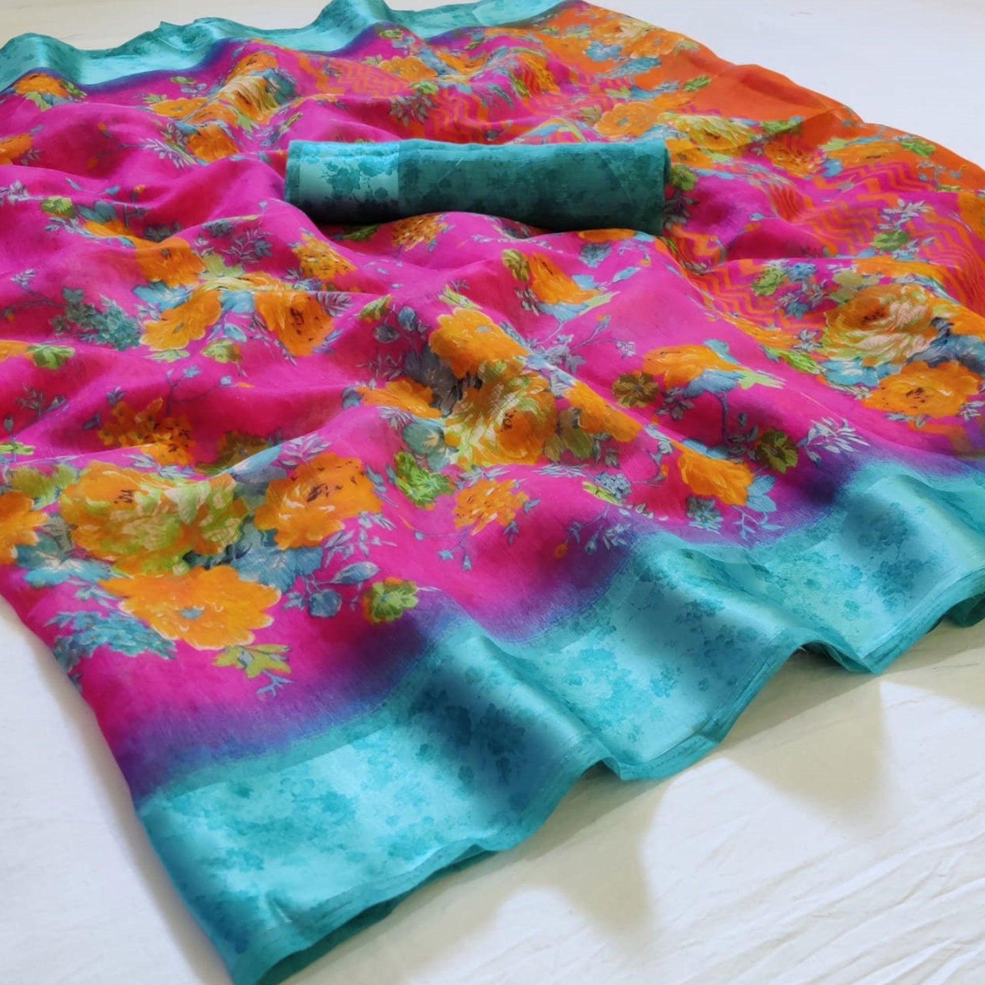 Exclusive Purple Colored Casual Wear Floral Printed Linen Saree