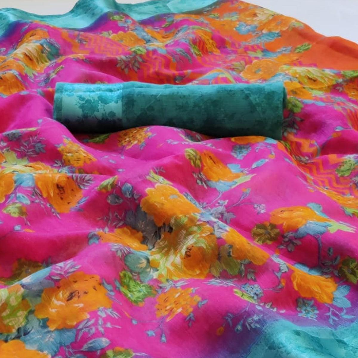 Exclusive Purple Colored Casual Wear Floral Printed Linen Saree