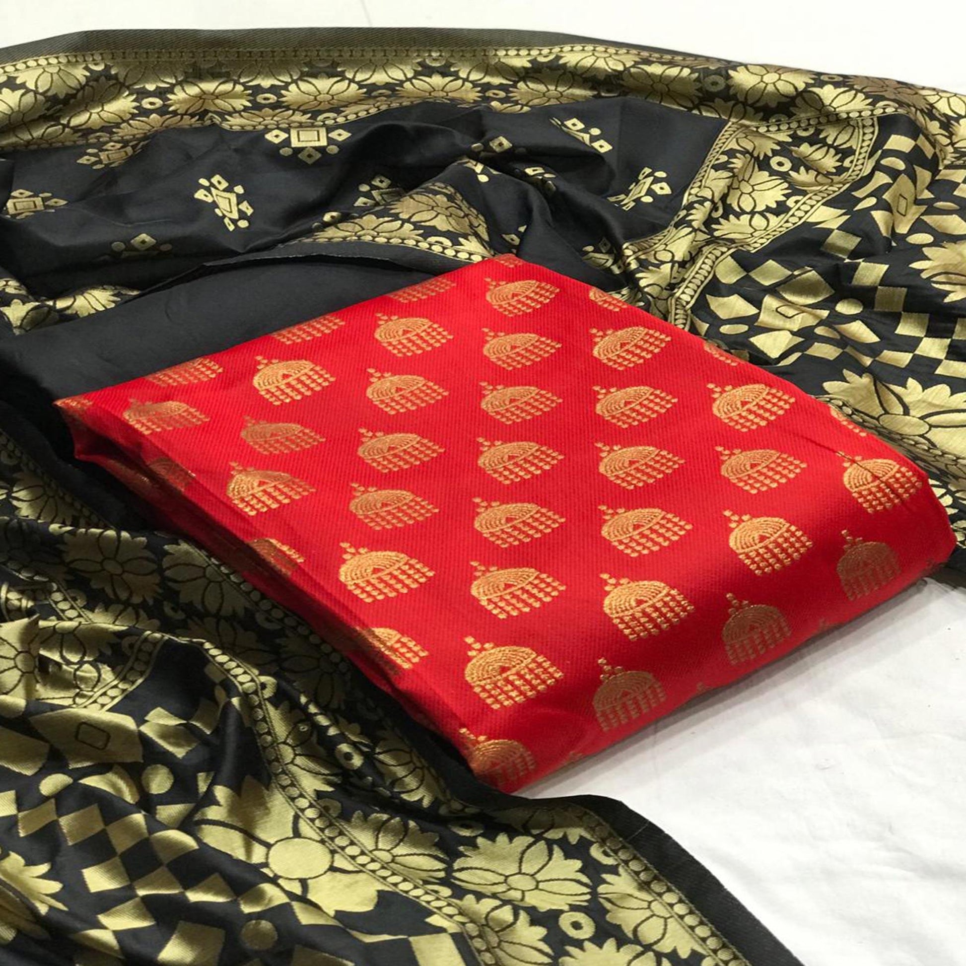 Exclusive Red Colored Casual Wear Banarasi Silk Dress Material
