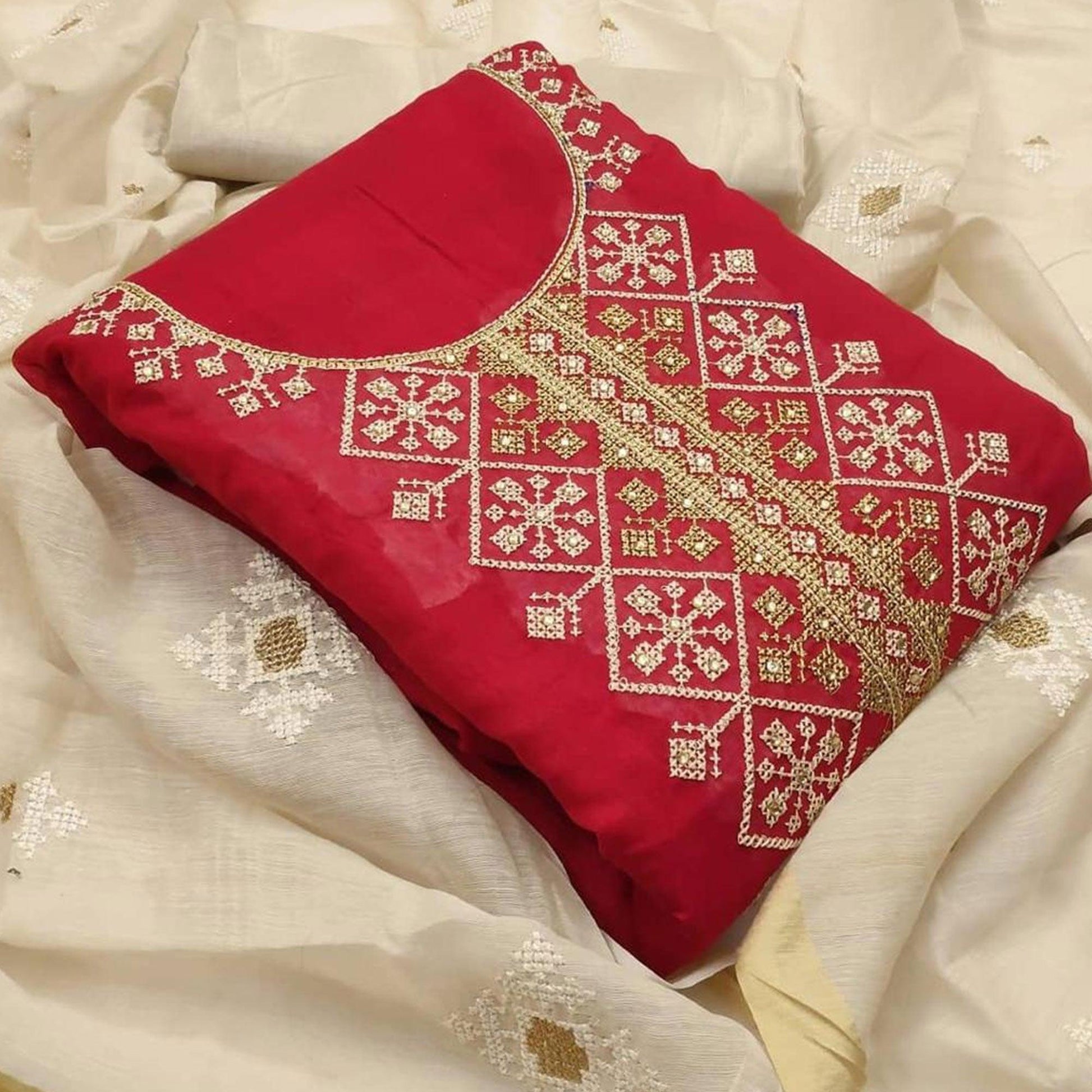 Exclusive Red Colored Casual Wear Embroidered Chanderi Modal Dress Material