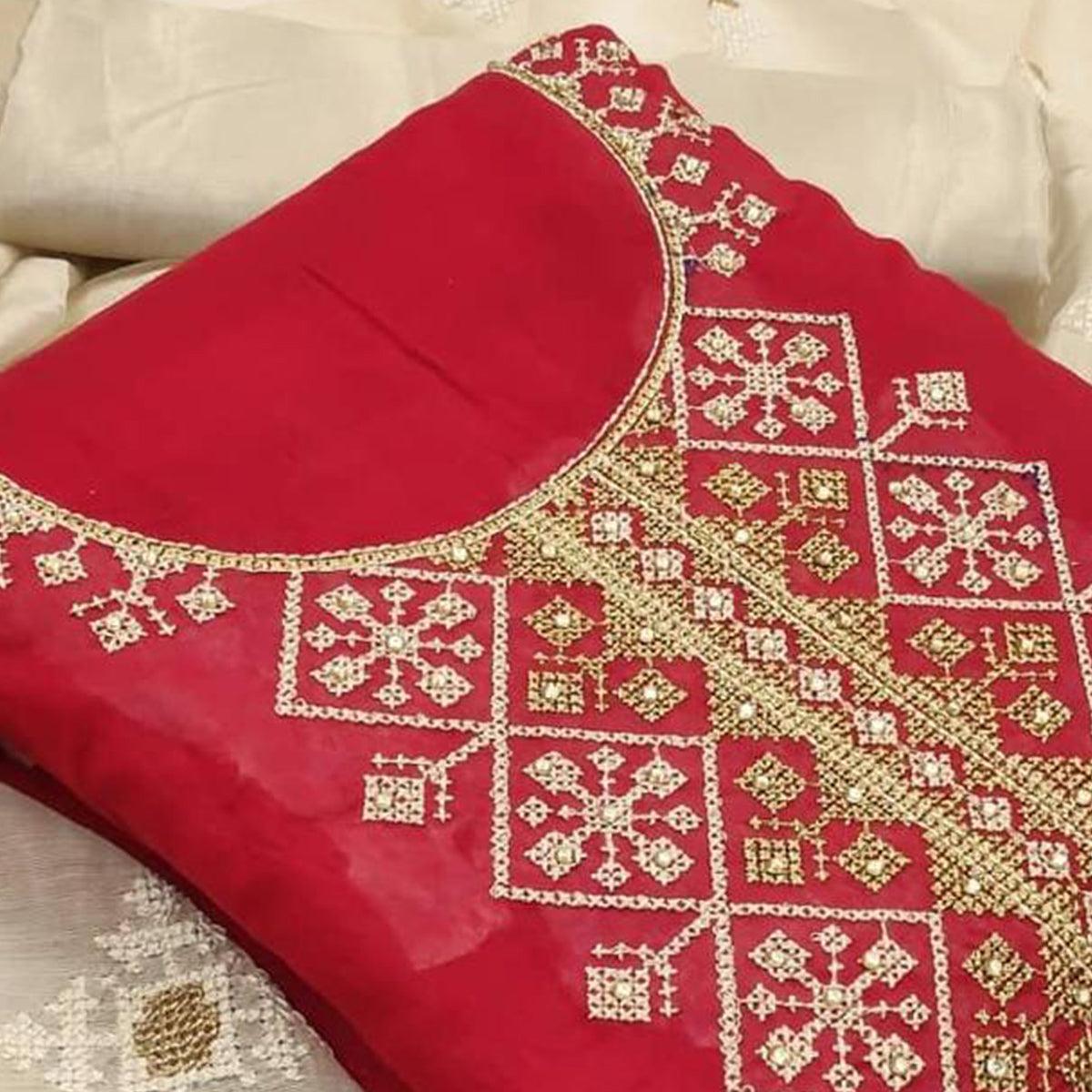 Exclusive Red Colored Casual Wear Embroidered Chanderi Modal Dress Material