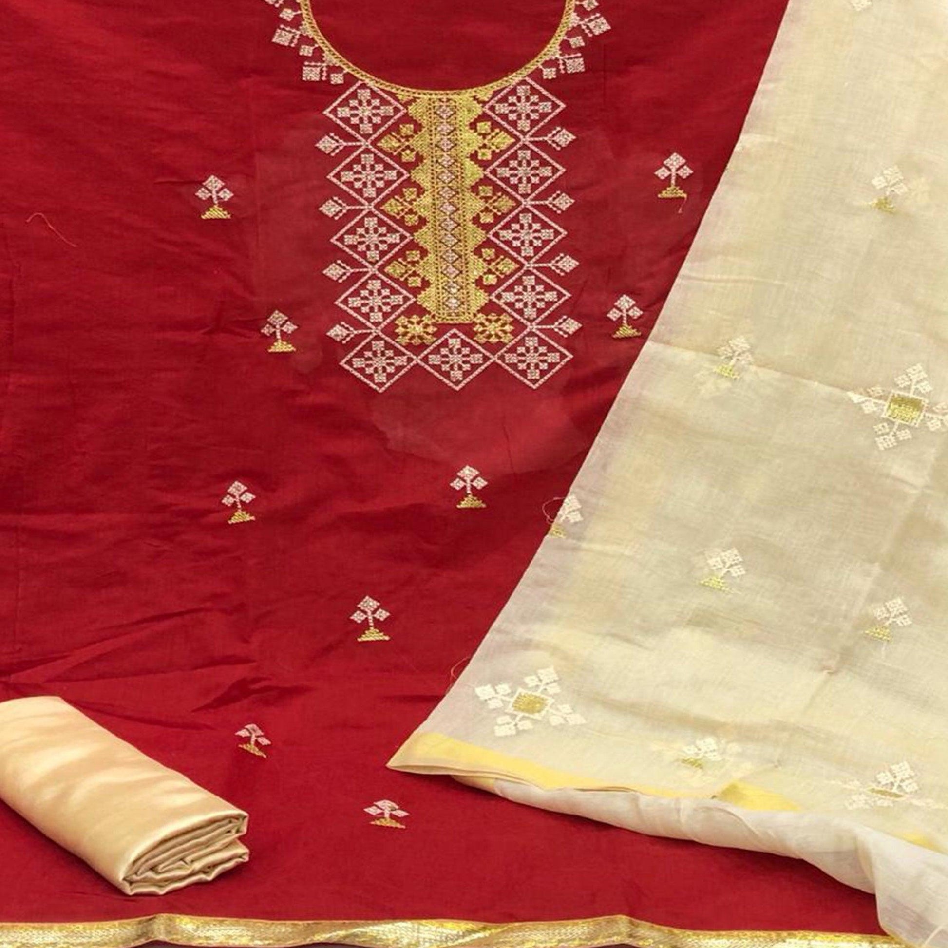 Exclusive Red Colored Casual Wear Embroidered Chanderi Modal Dress Material
