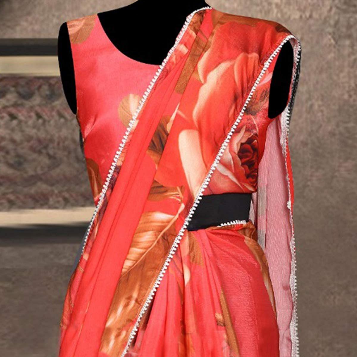 Exclusive Red Colored Partywear Digital Printed Chiffon Silk Saree