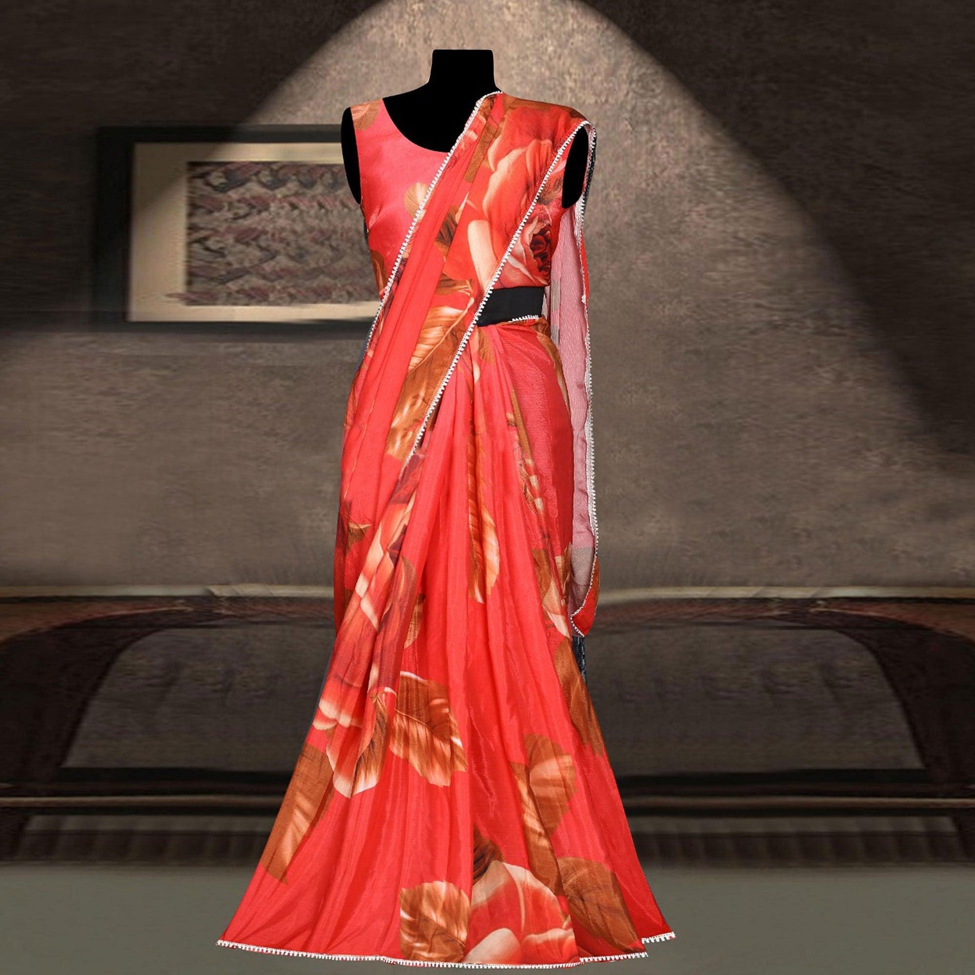Exclusive Red Colored Partywear Digital Printed Chiffon Silk Saree