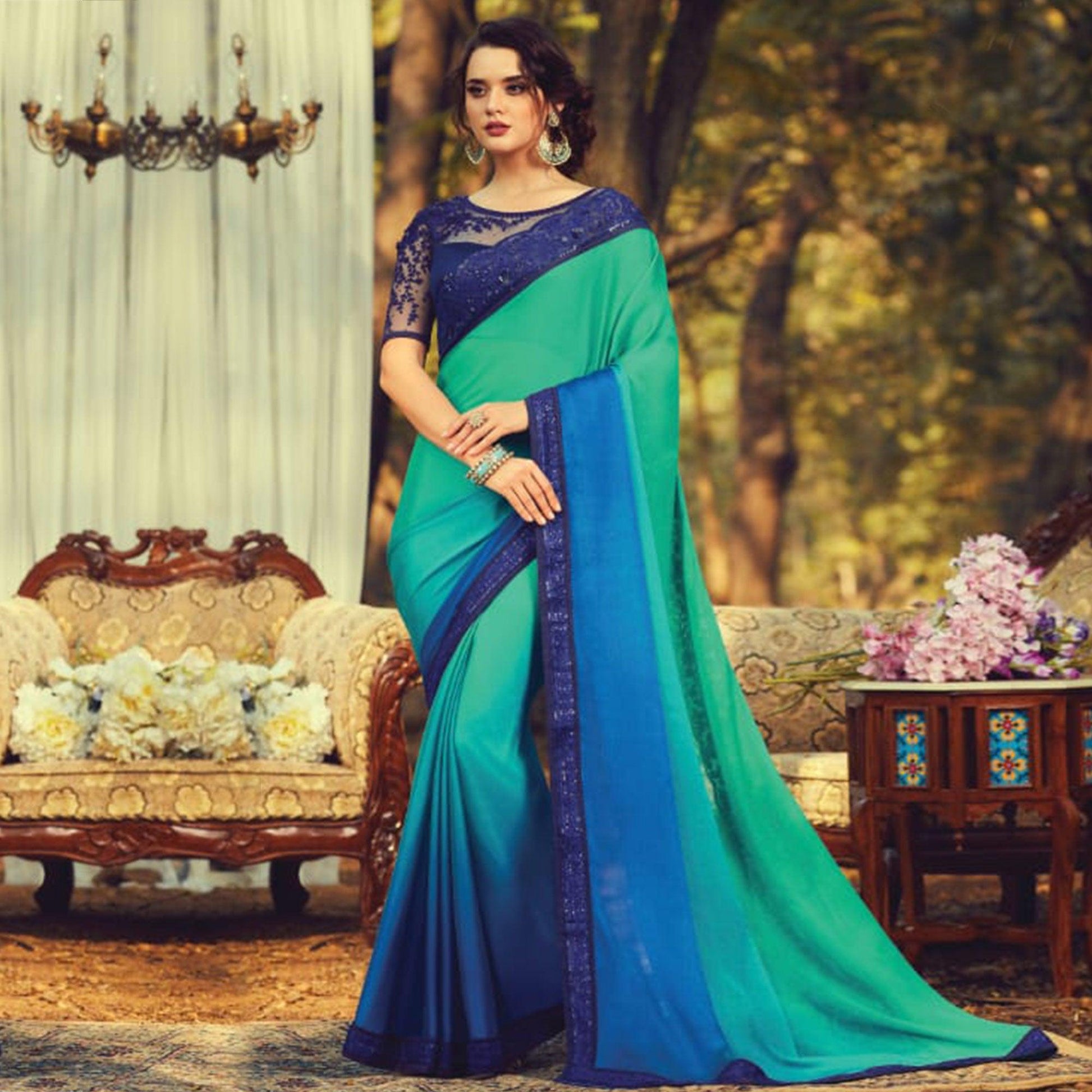Exclusive Turquoise Green - Blue Colored Partywear Embroidered Silk Saree