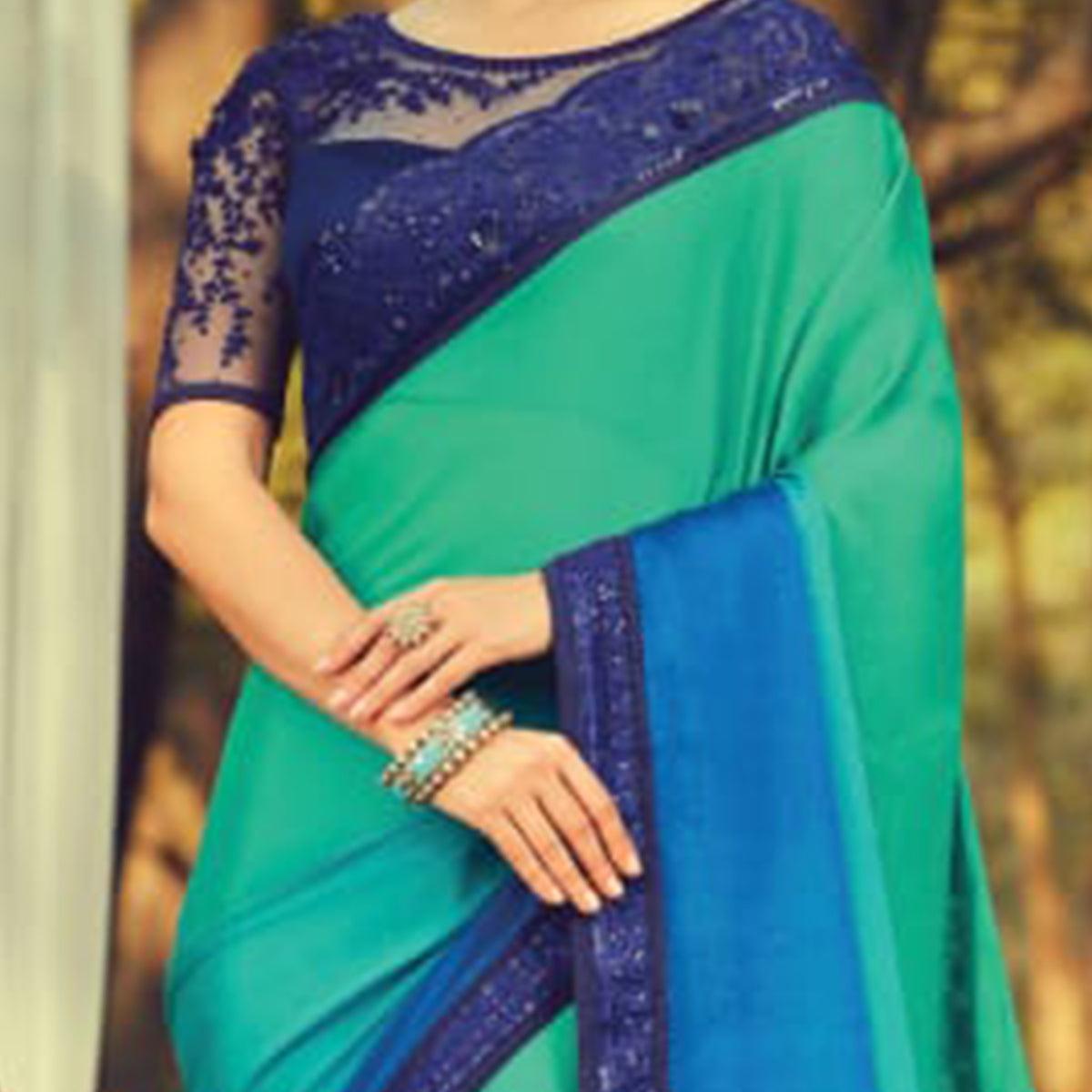 Exclusive Turquoise Green - Blue Colored Partywear Embroidered Silk Saree
