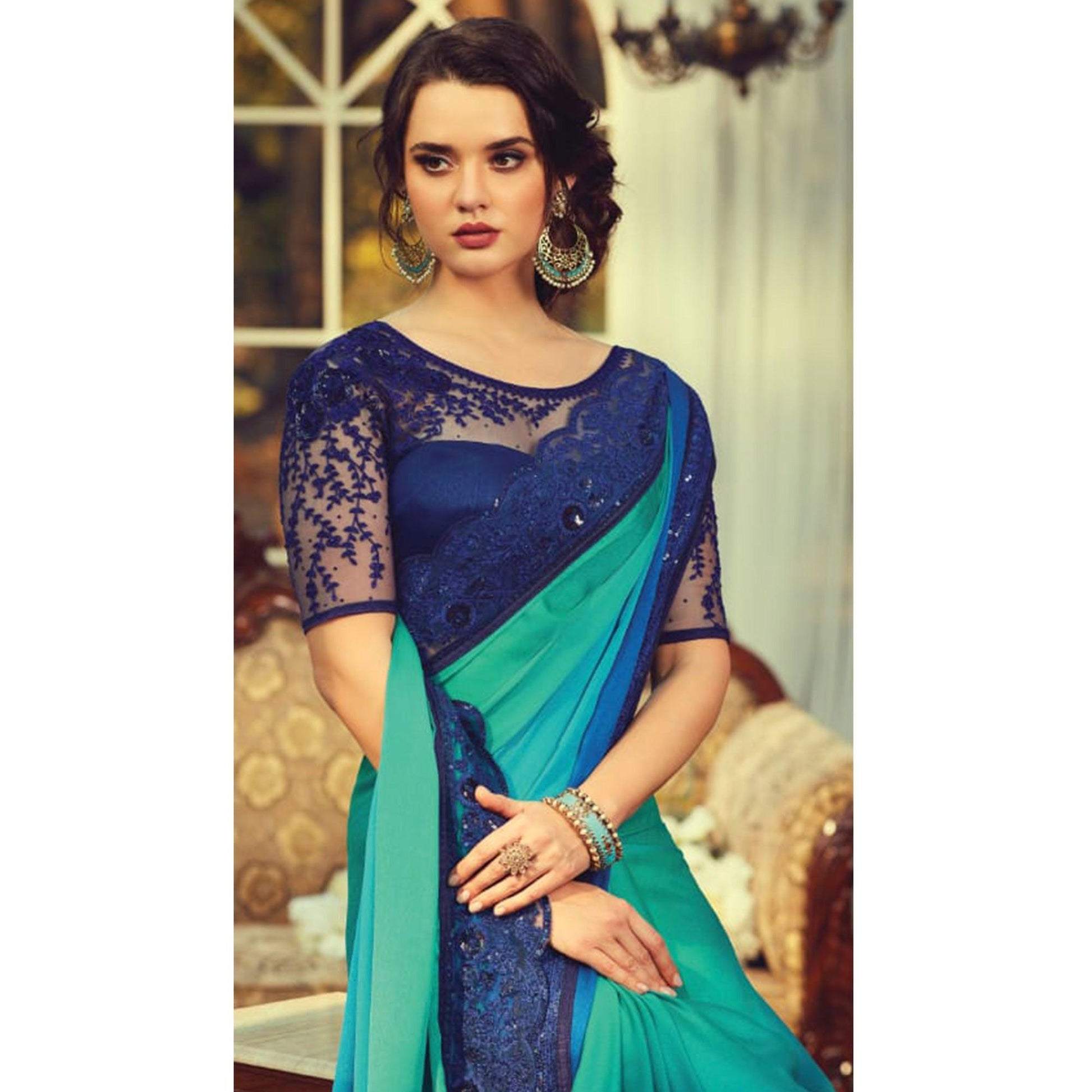 Exclusive Turquoise Green - Blue Colored Partywear Embroidered Silk Saree