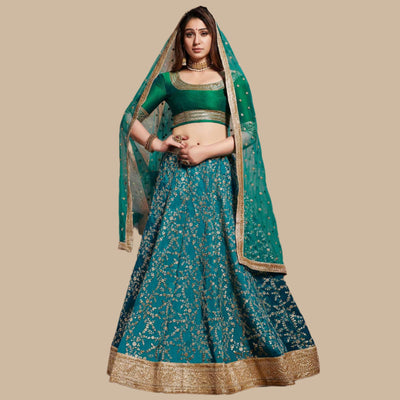 Exclusive Turquoise Green Colored Wedding Wear Embroidered Art Silk Lehenga Choli