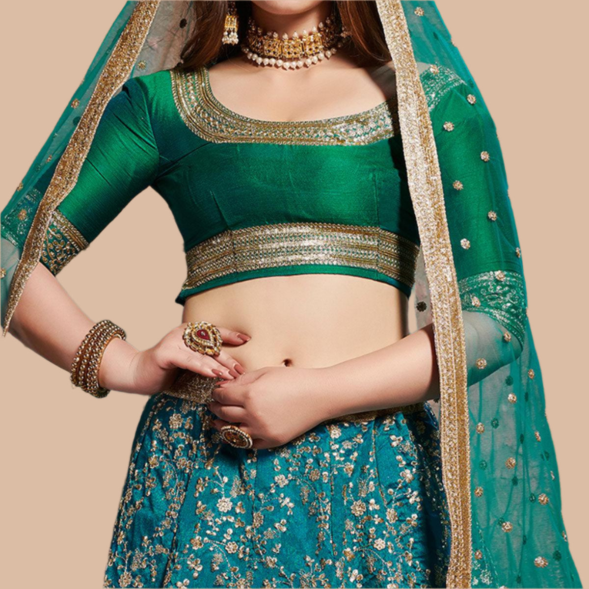 Exclusive Turquoise Green Colored Wedding Wear Embroidered Art Silk Lehenga Choli