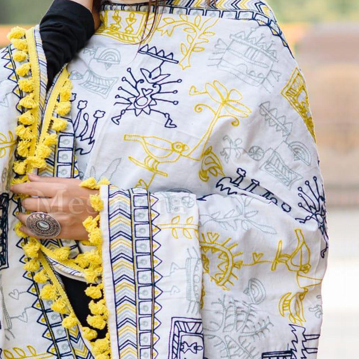 Exclusive White Colored Embroidered Cotton Dupatta