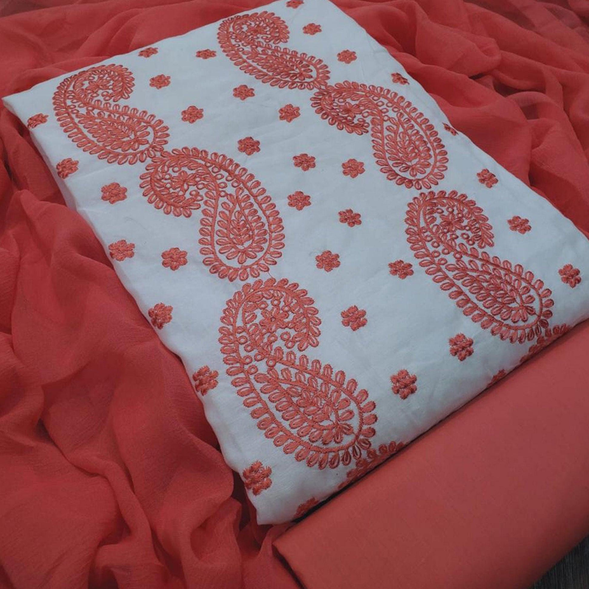 Exclusive White - Dark Peach Colored Casual Wear Embroidered Modal Chanderi Dress Material