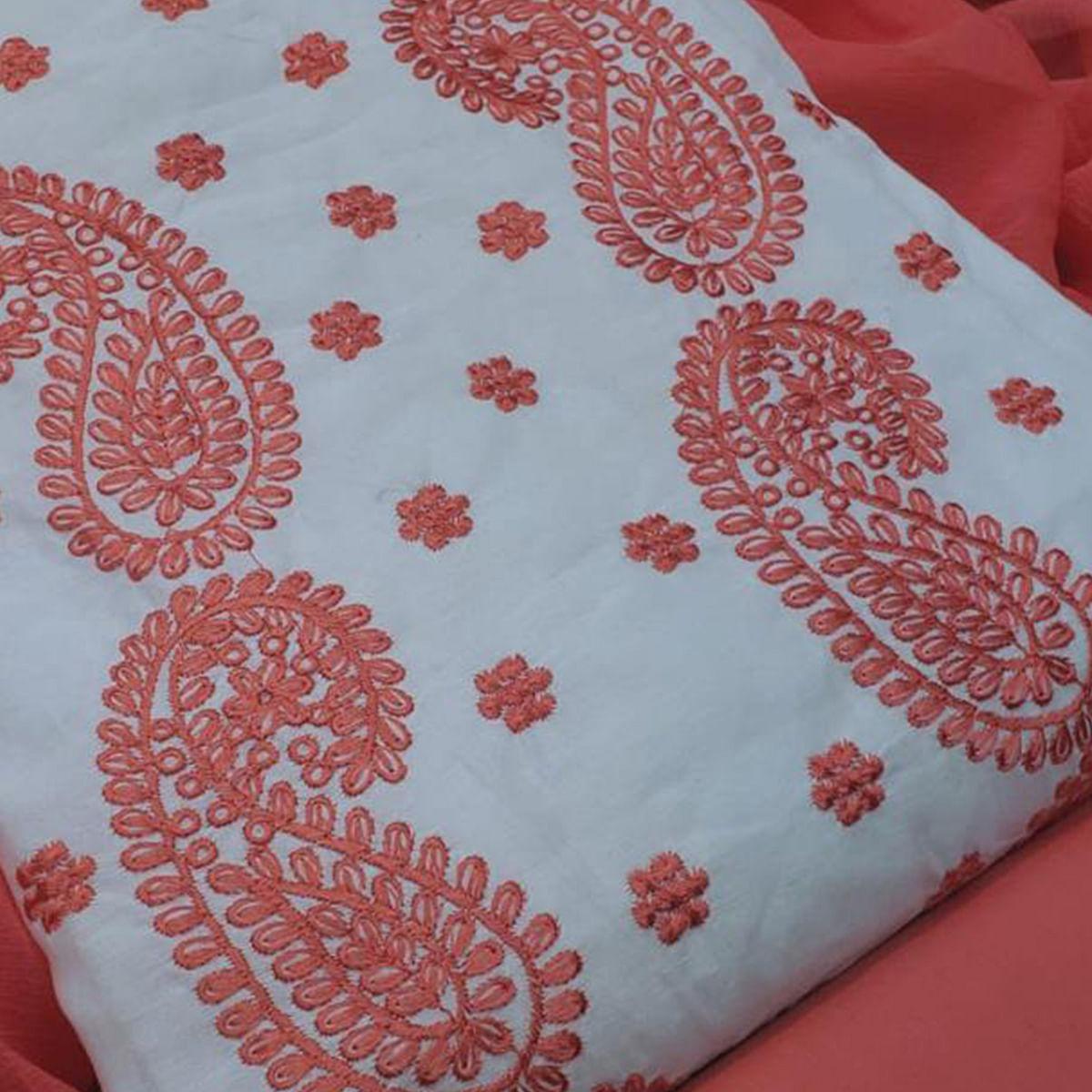 Exclusive White - Dark Peach Colored Casual Wear Embroidered Modal Chanderi Dress Material