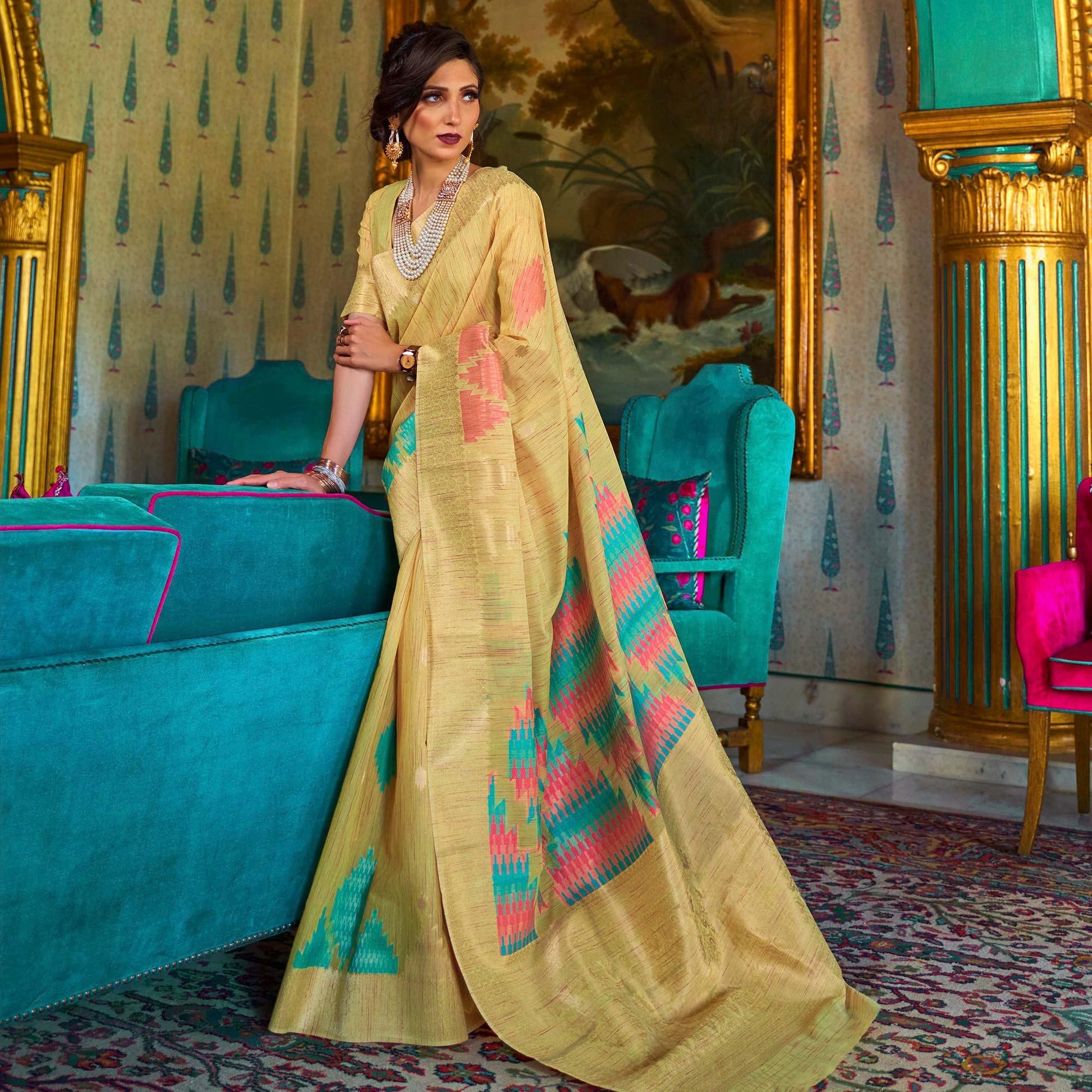 Exclusive Yellow Coloured Festive Wear Woven Multi Slub Soft Silk Saree