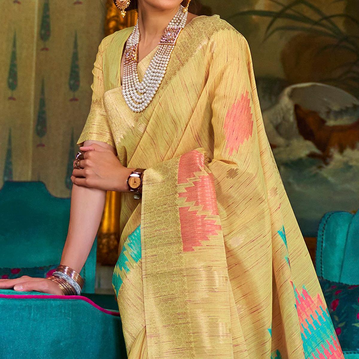 Exclusive Yellow Coloured Festive Wear Woven Multi Slub Soft Silk Saree