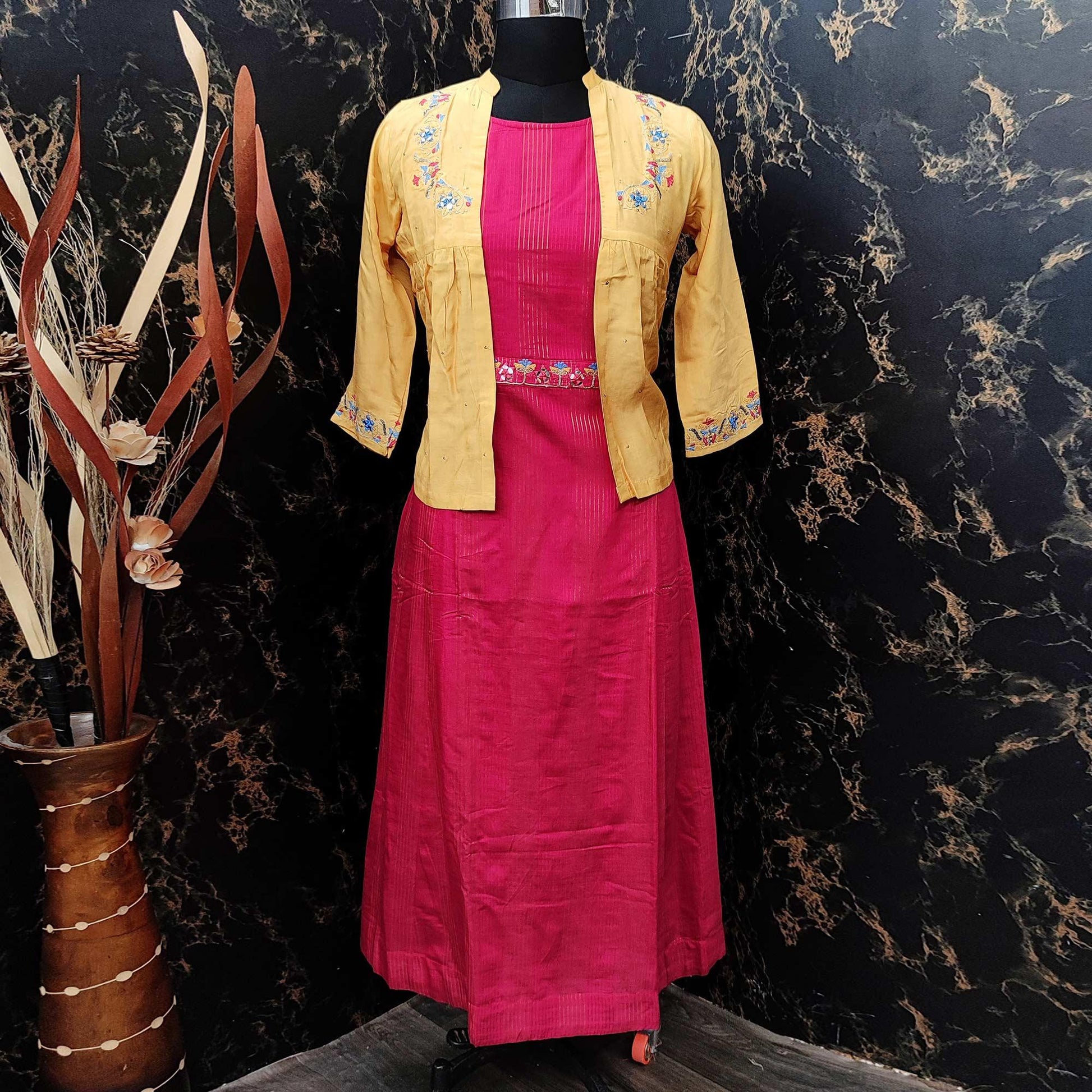Exclusive Yellow - Pink Colored Partywear Embroidered Cotton Silk Kurti With Jacket