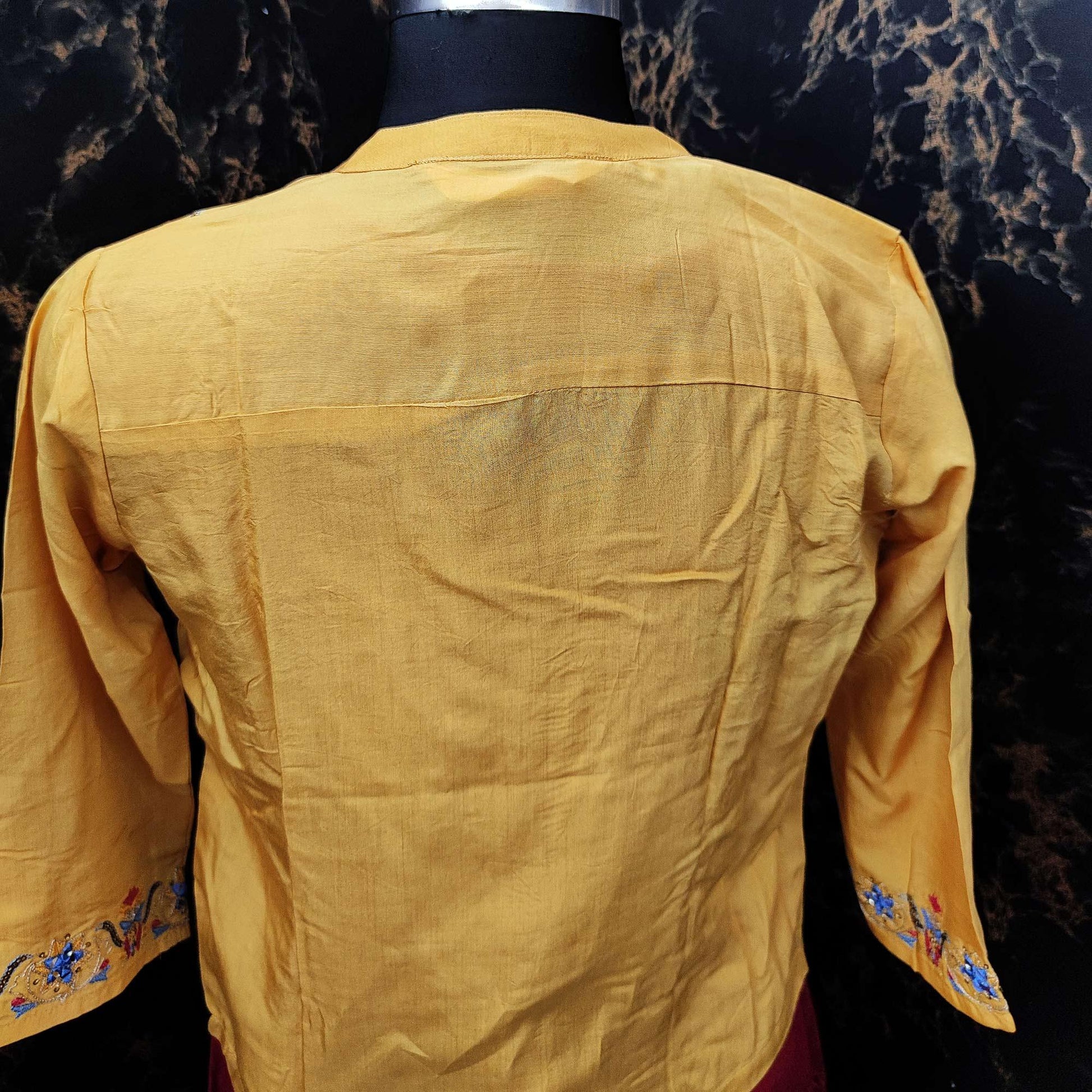 Exclusive Yellow - Pink Colored Partywear Embroidered Cotton Silk Kurti With Jacket