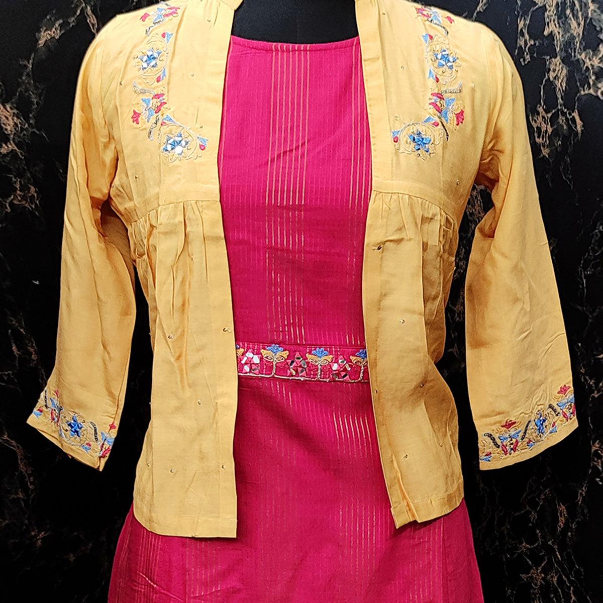 Exclusive Yellow - Pink Colored Partywear Embroidered Cotton Silk Kurti With Jacket