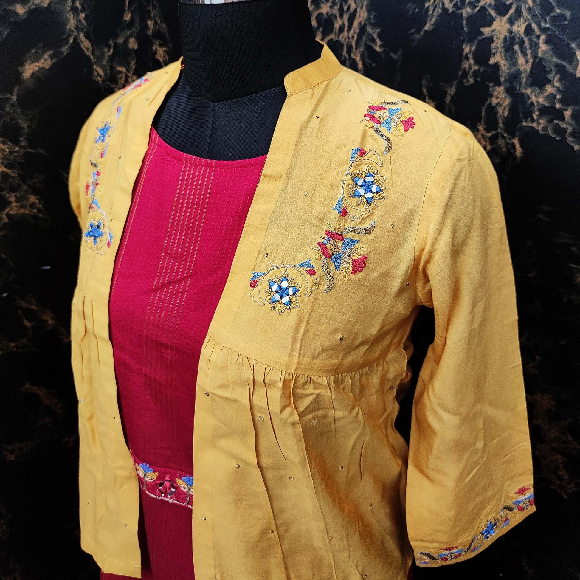 Exclusive Yellow - Pink Colored Partywear Embroidered Cotton Silk Kurti With Jacket