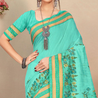 Exotic Aqua Blue Colored Casual Wear Floral Printed Cotton Saree