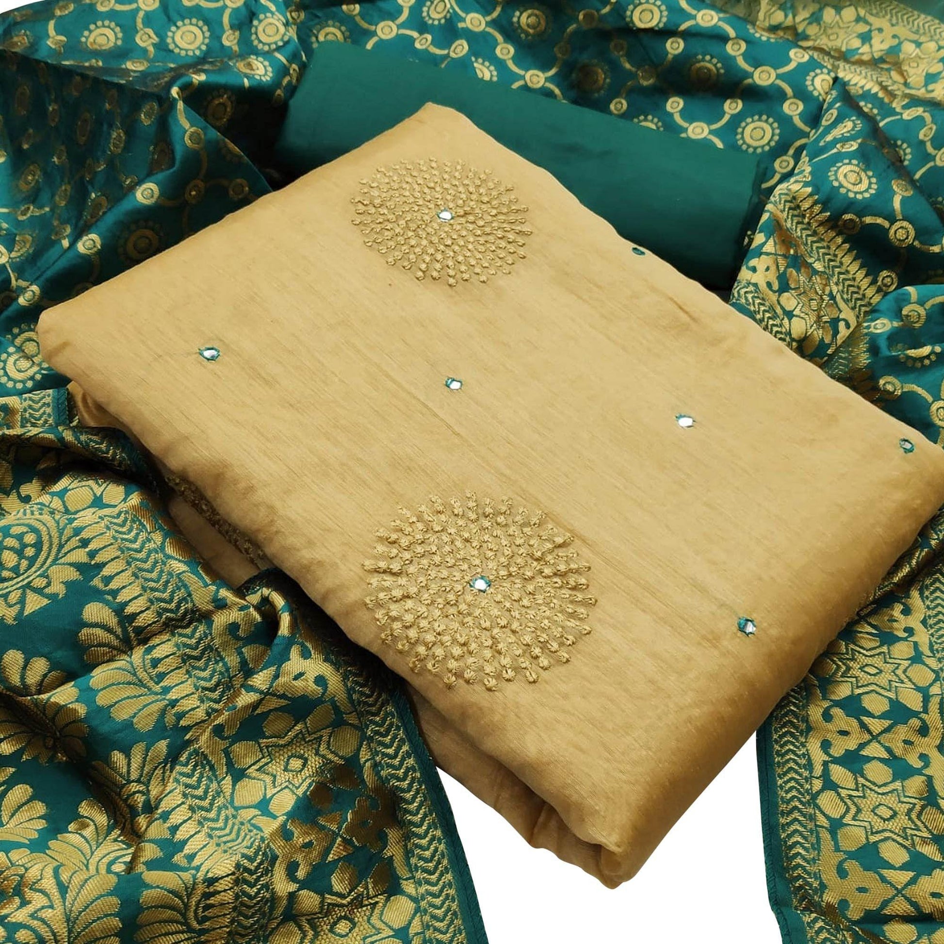 Exotic Beige - Green Colored Casual Wear Embroidered Chanderi Silk Dress Material