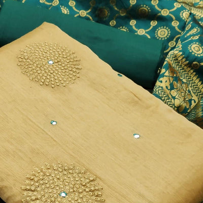 Exotic Beige - Green Colored Casual Wear Embroidered Chanderi Silk Dress Material