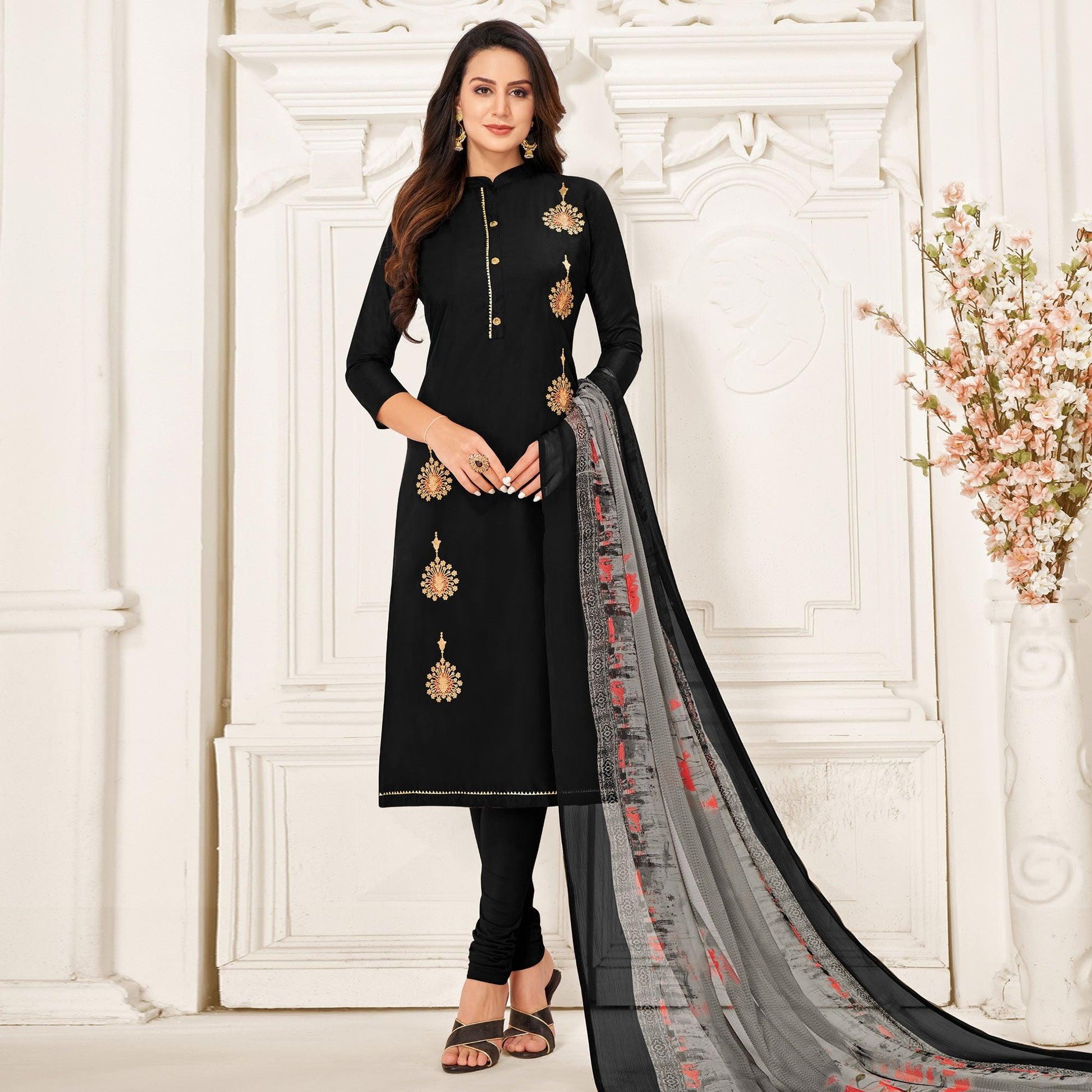 Exotic Black Colored Casual Wear Embroidered Chanderi Dress Material