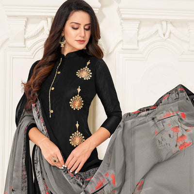 Exotic Black Colored Casual Wear Embroidered Chanderi Dress Material
