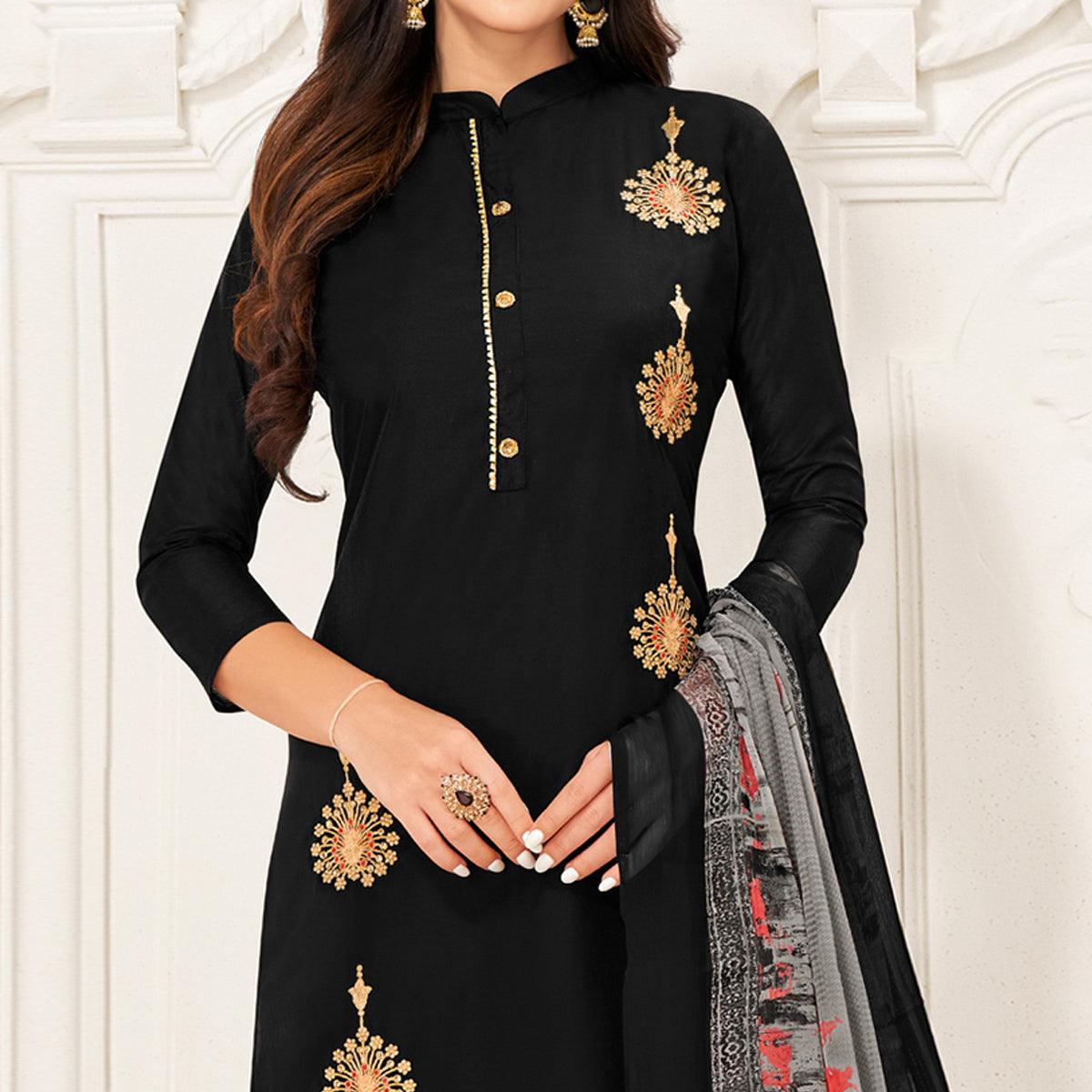 Exotic Black Colored Casual Wear Embroidered Chanderi Dress Material