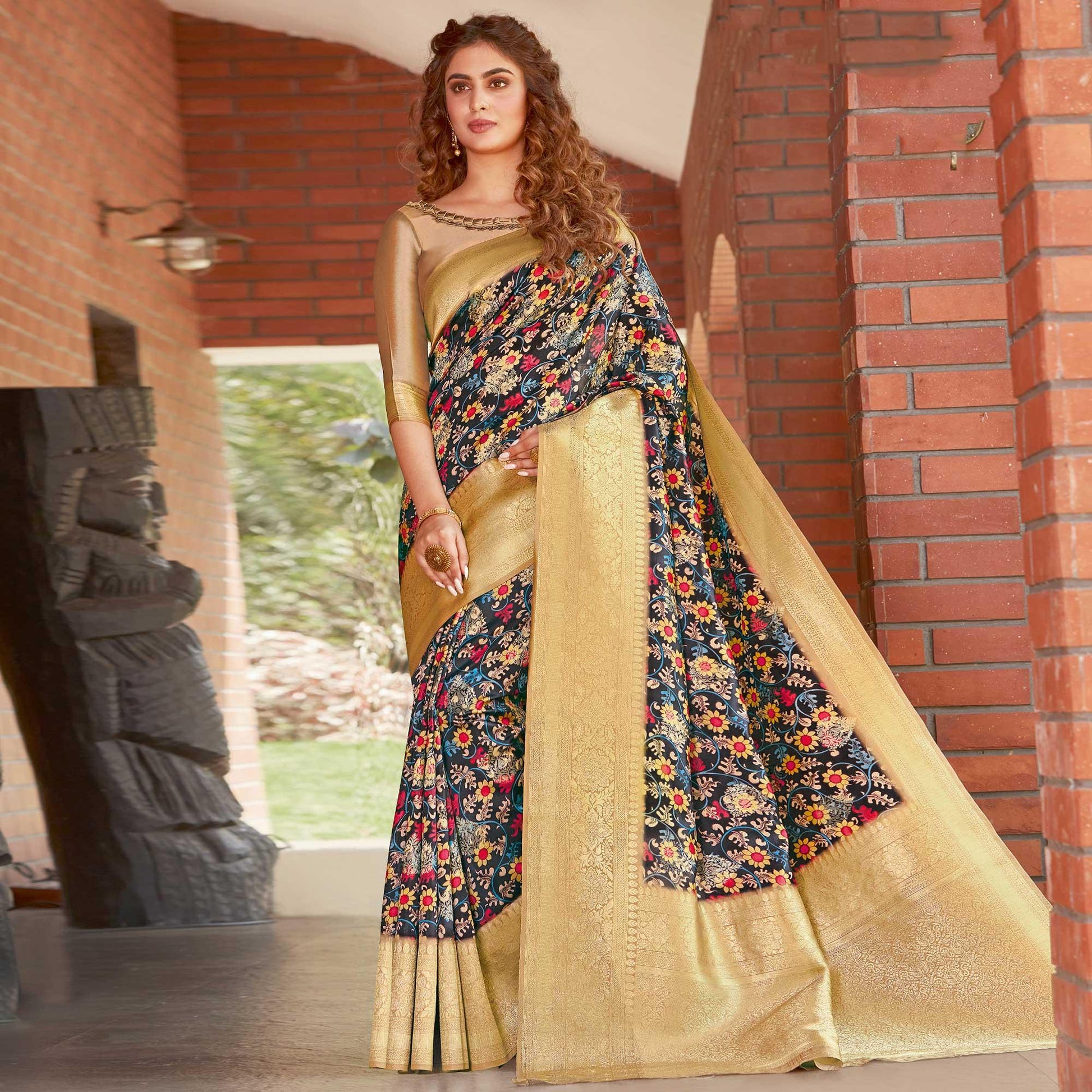Exotic Black Colored Festive Wear Floral Digital Printed Silk Saree
