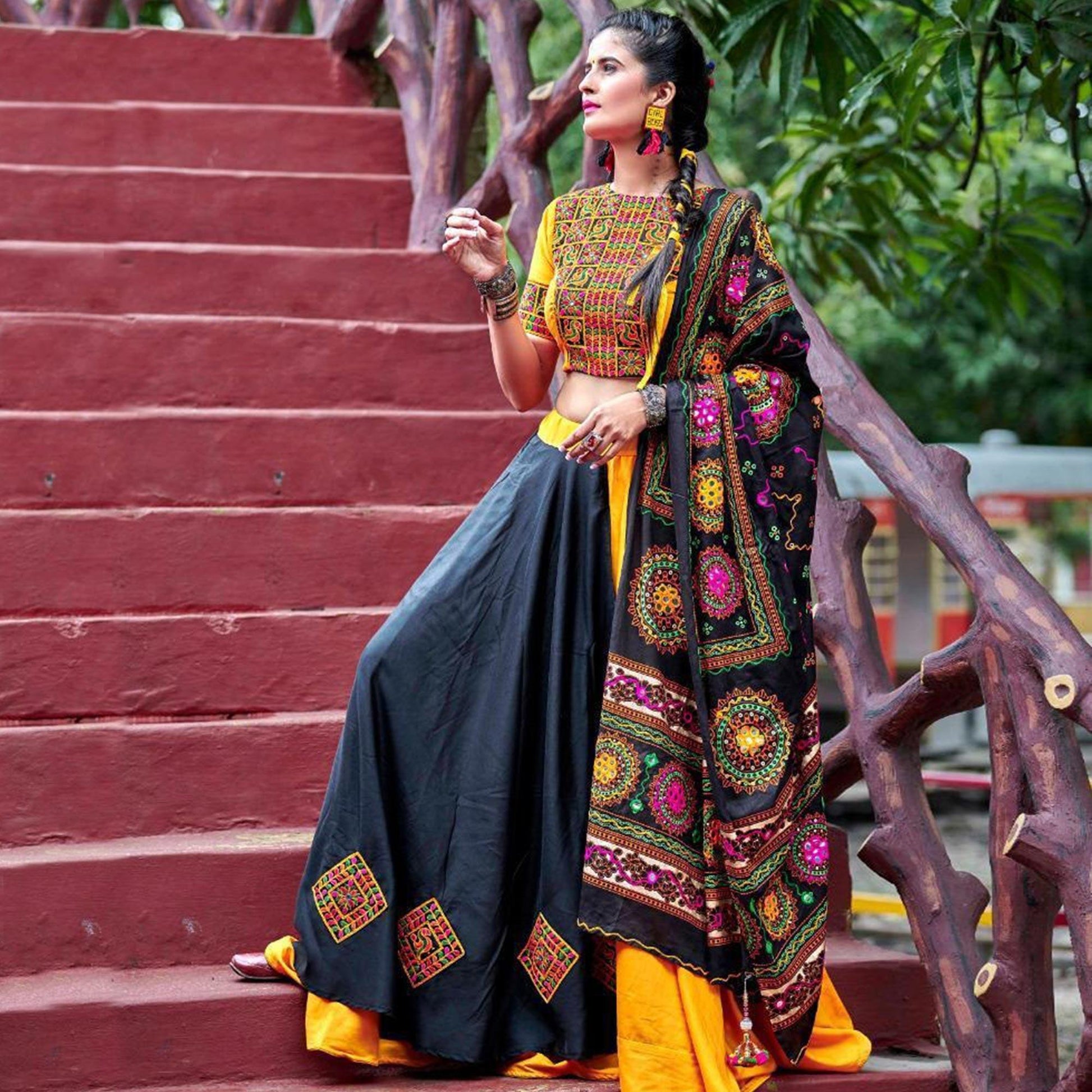 Exotic Black-Yellow Colored Party Wear Embroidered Soft Cotton Navratri Lehenga Choli
