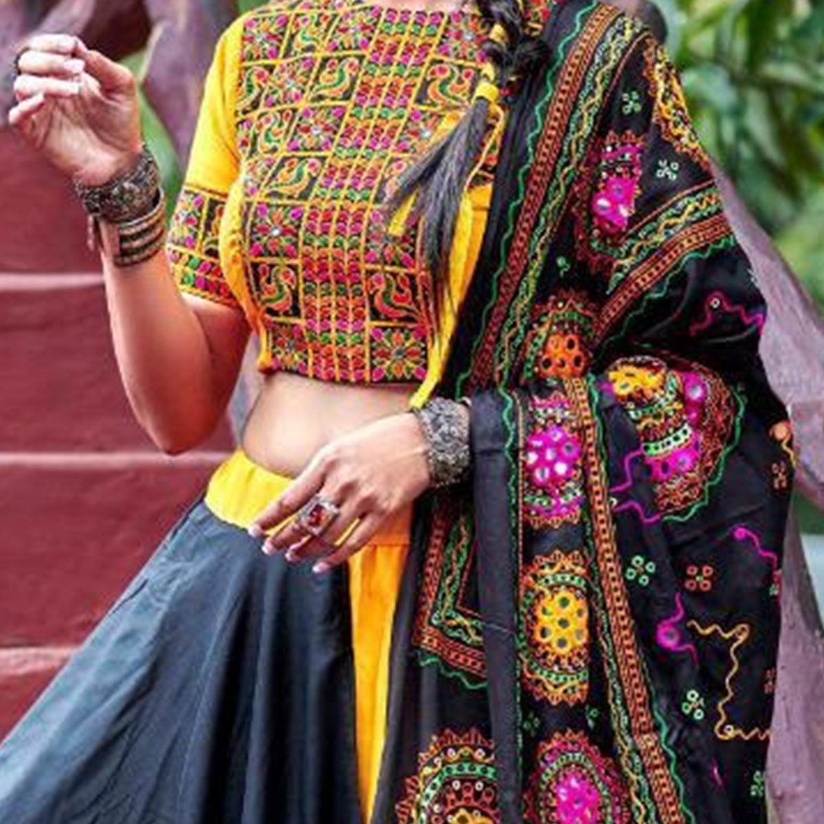 Exotic Black-Yellow Colored Party Wear Embroidered Soft Cotton Navratri Lehenga Choli