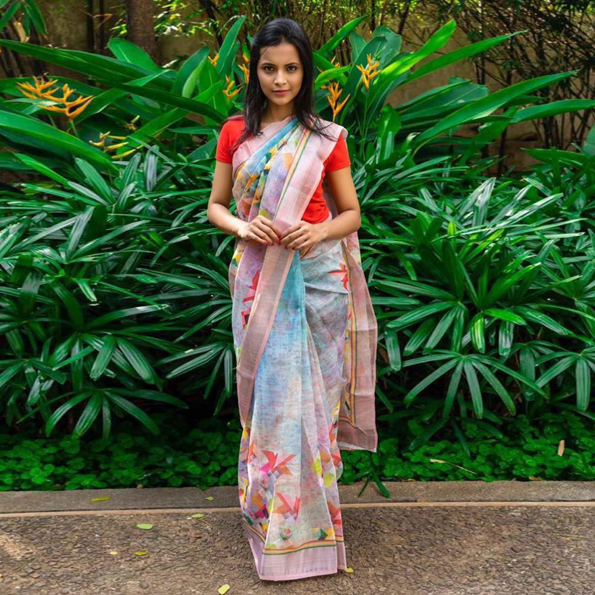 Exotic Blue Colored Casual Wear Printed Linen Saree