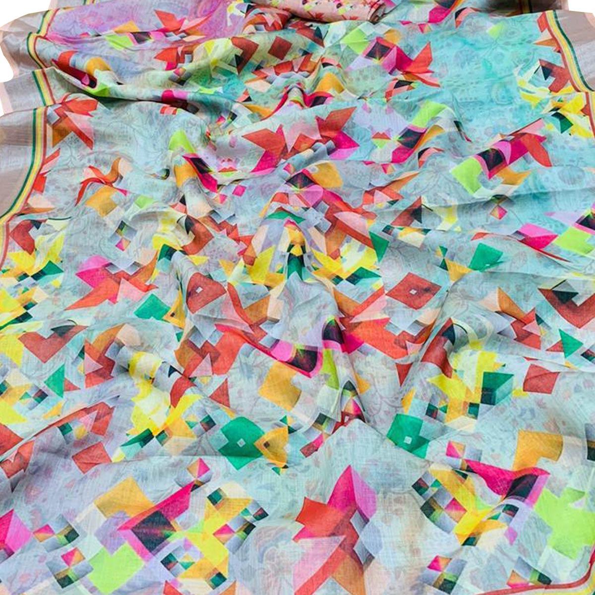 Exotic Blue Colored Casual Wear Printed Linen Saree