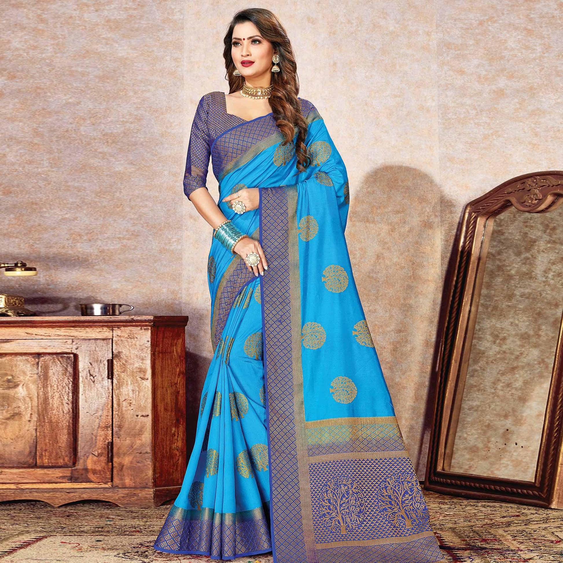 Exotic Blue Colored Festive Wear Woven Cotton Silk Saree