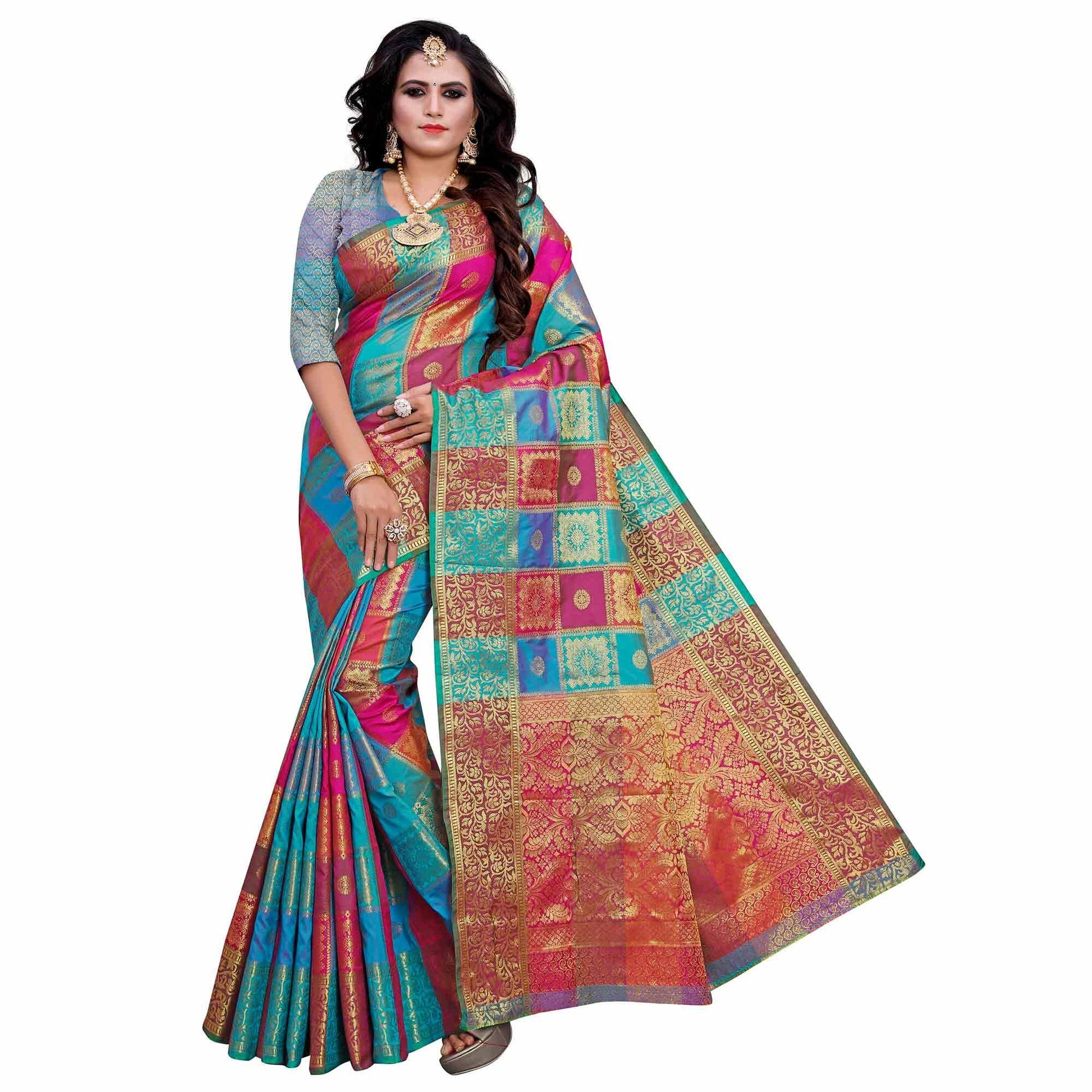 Exotic Blue-Multi Colored Festive Wear Woven Work Art Silk Saree
