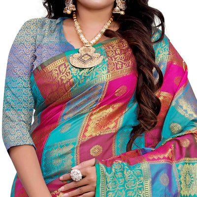 Exotic Blue-Multi Colored Festive Wear Woven Work Art Silk Saree