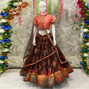 Exotic Brown Coloured Partywear Embroidered Dual Satin Lehenga Choli