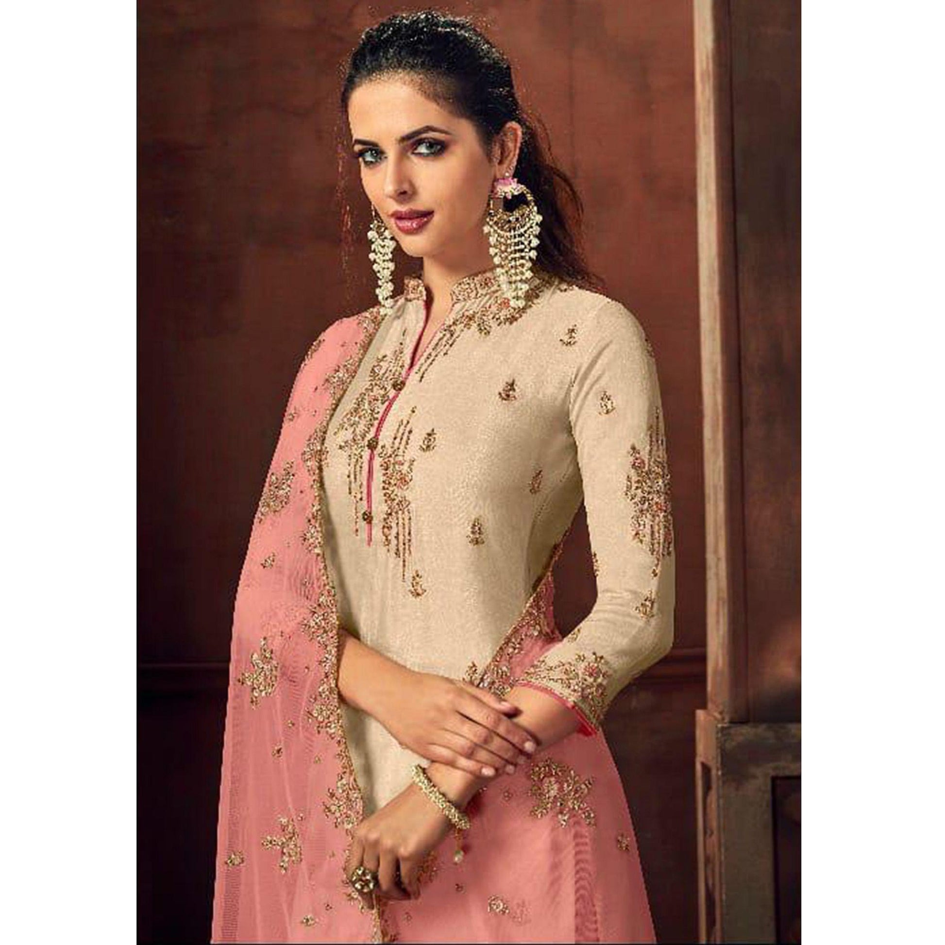 Exotic Cream Colored Party Wear Embroidered Tussar Silk Palazzo Suit