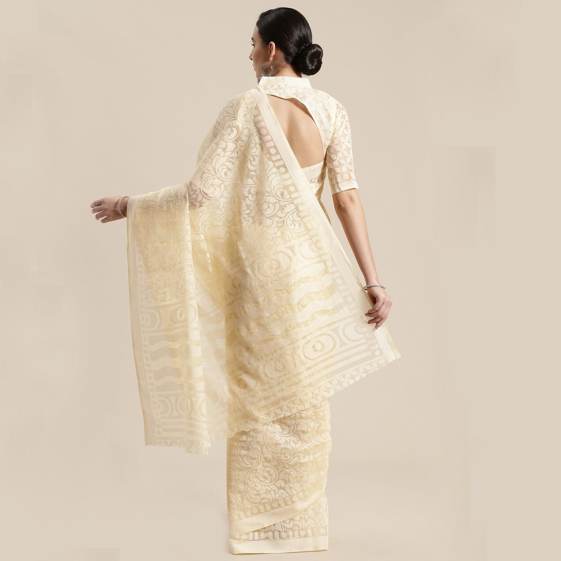 Exotic Cream Colored Party Wear Geometric Brasso Saree