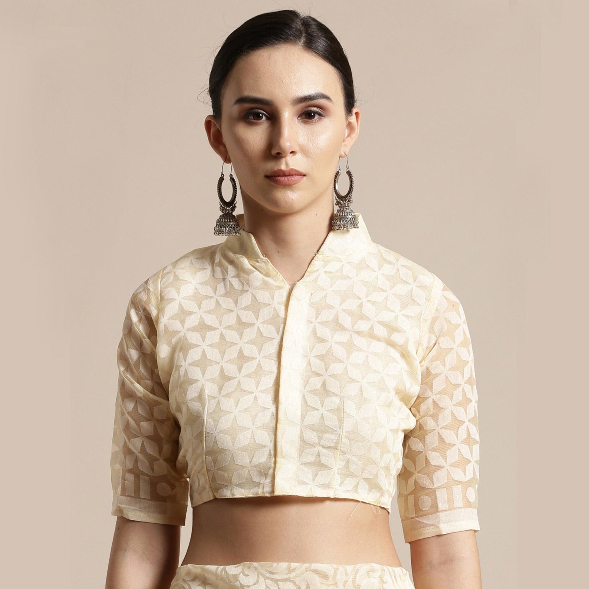 Exotic Cream Colored Party Wear Geometric Brasso Saree