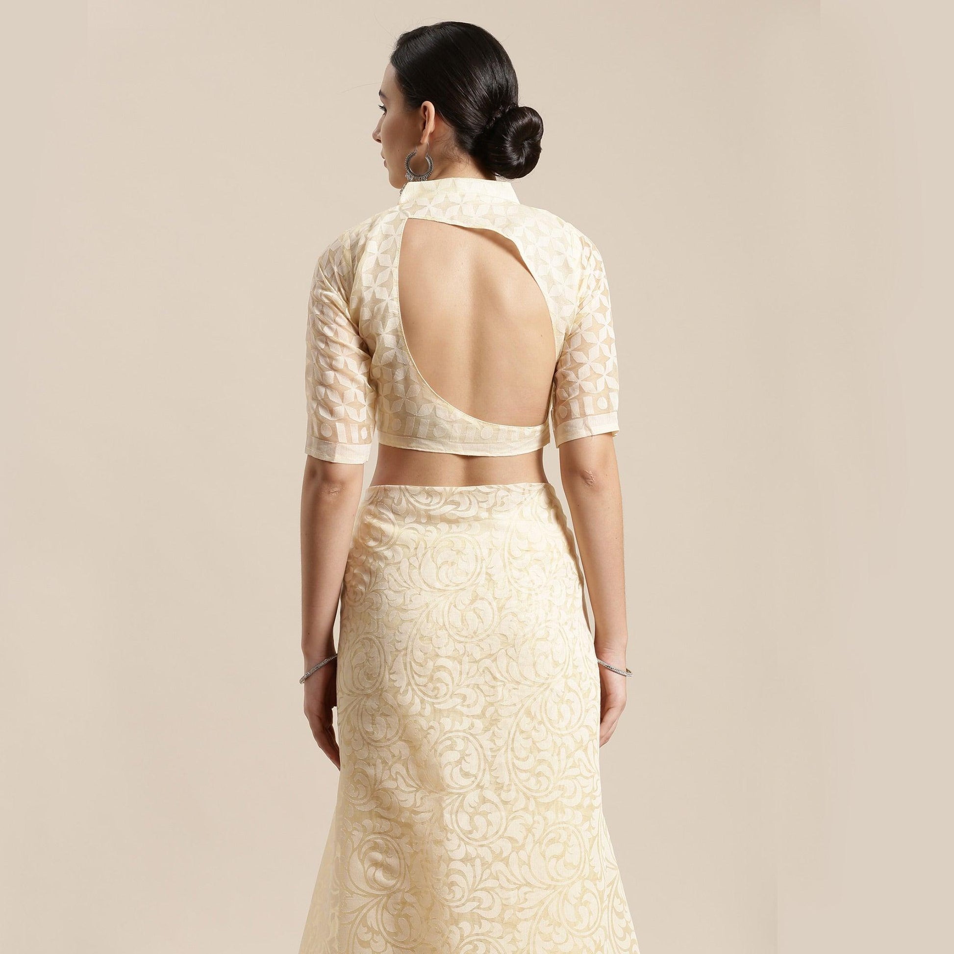 Exotic Cream Colored Party Wear Geometric Brasso Saree