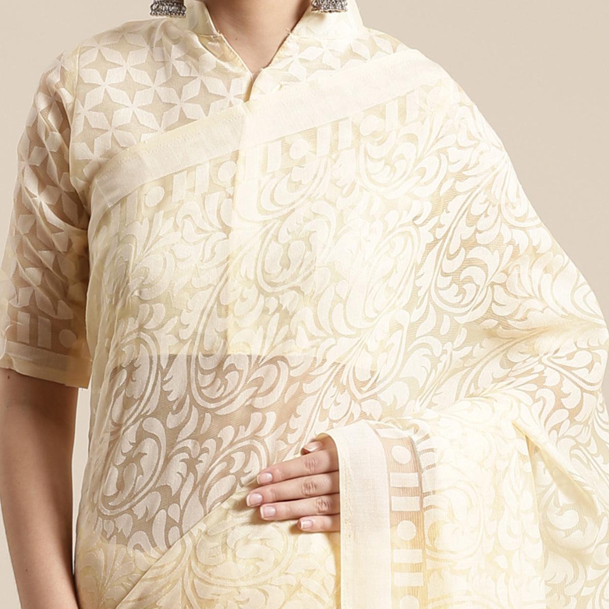 Exotic Cream Colored Party Wear Geometric Brasso Saree