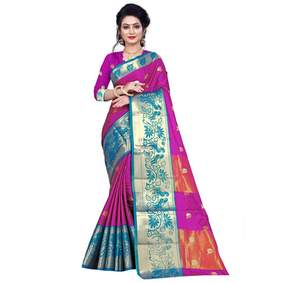 Exotic Dark Pink Colored Festive Wear Woven Cotton Silk Saree