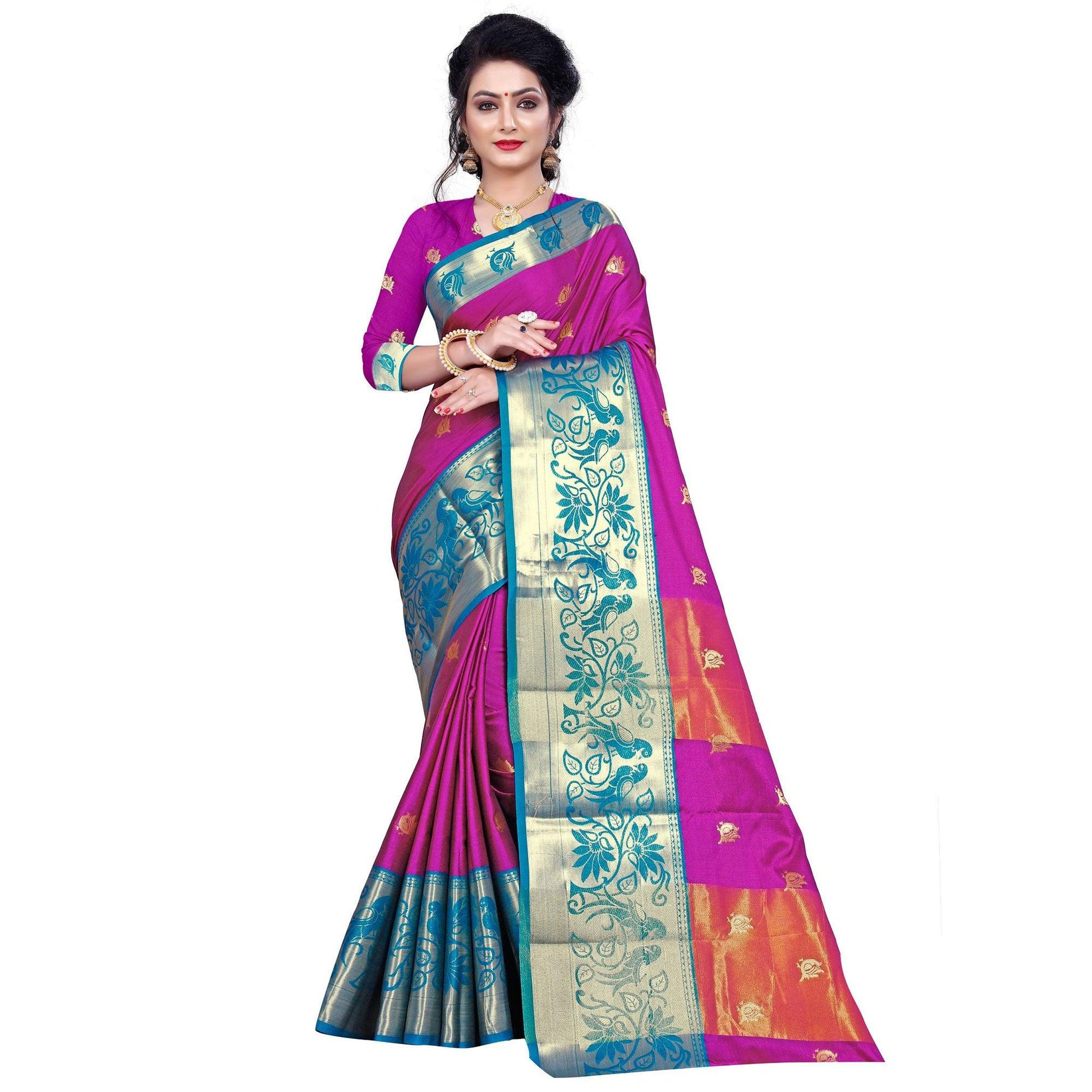 Exotic Dark Pink Colored Festive Wear Woven Cotton Silk Saree