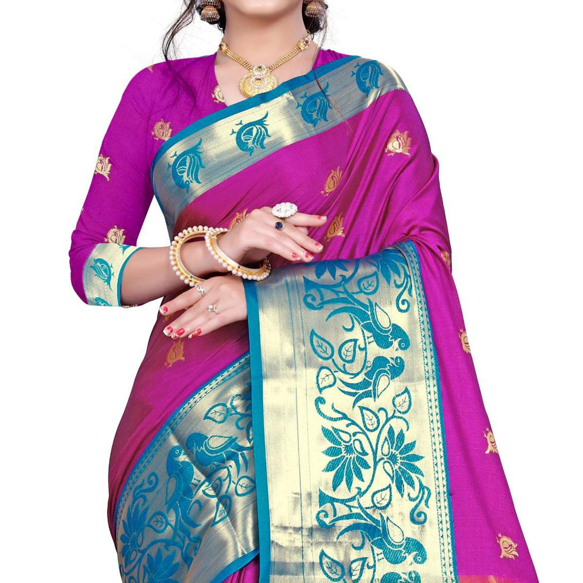 Exotic Dark Pink Colored Festive Wear Woven Cotton Silk Saree
