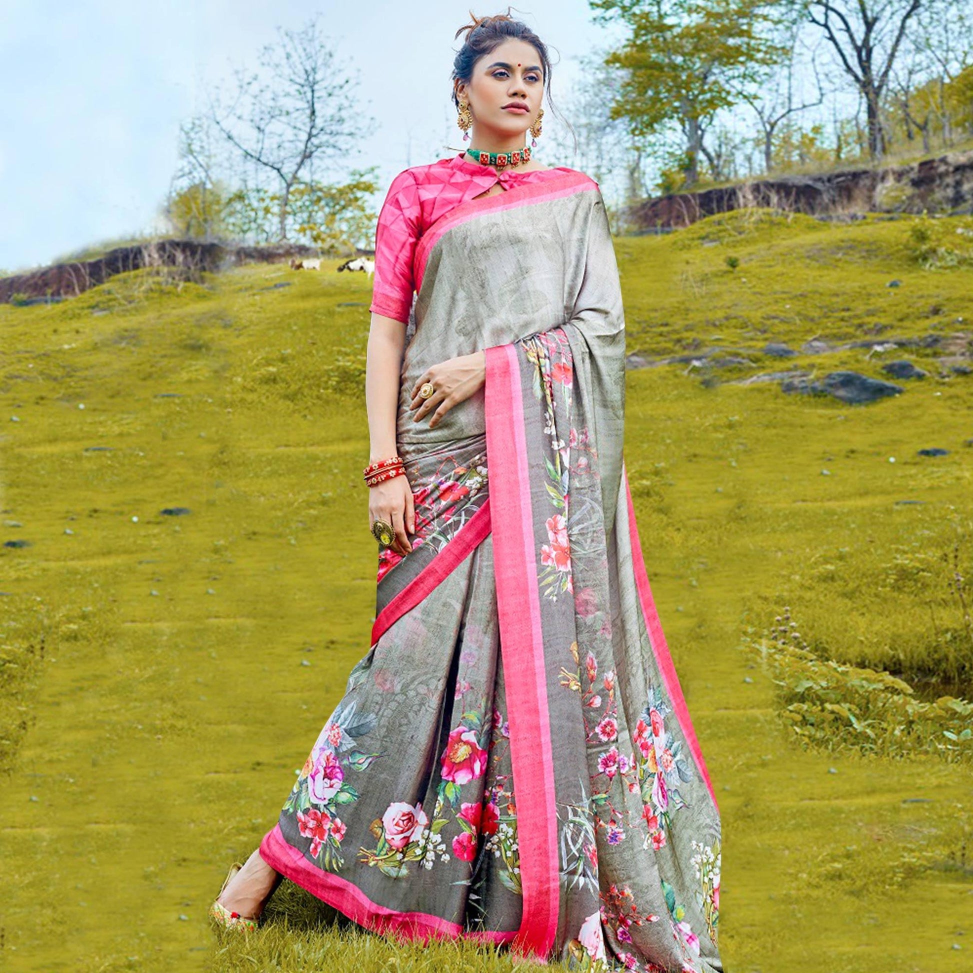 Exotic Gray Colored Casual Digital Printed Satin Crepe Saree