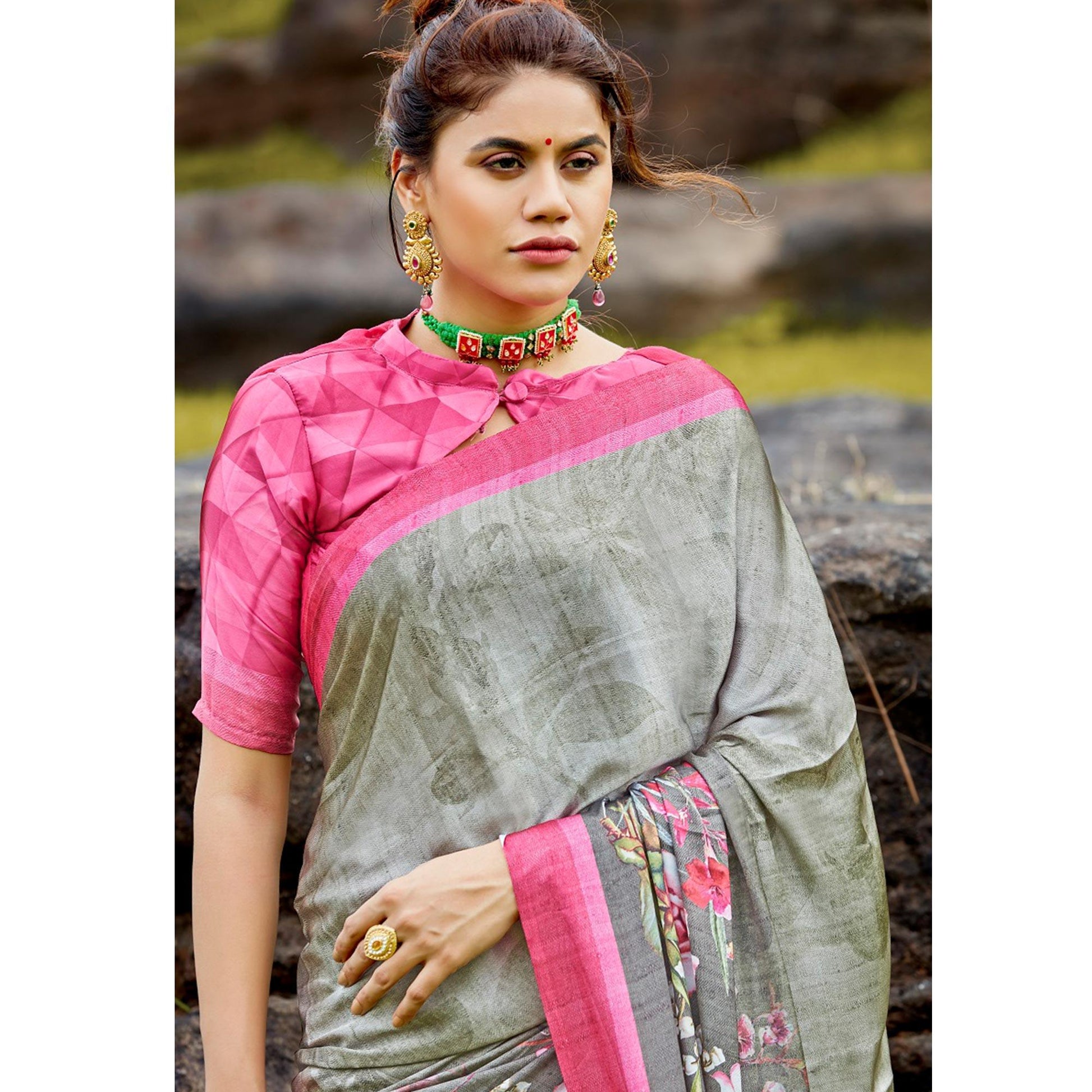Exotic Gray Colored Casual Digital Printed Satin Crepe Saree
