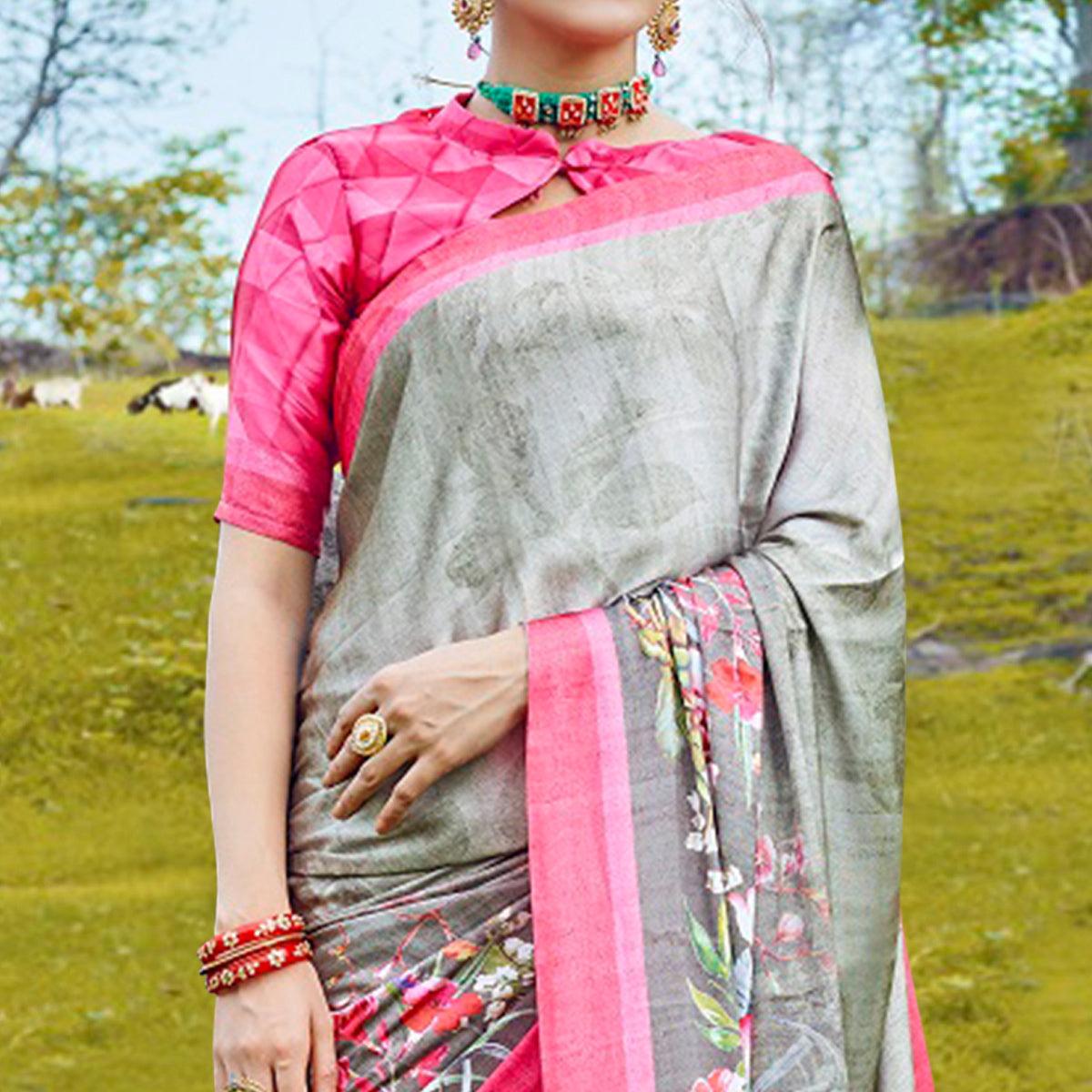 Exotic Gray Colored Casual Digital Printed Satin Crepe Saree